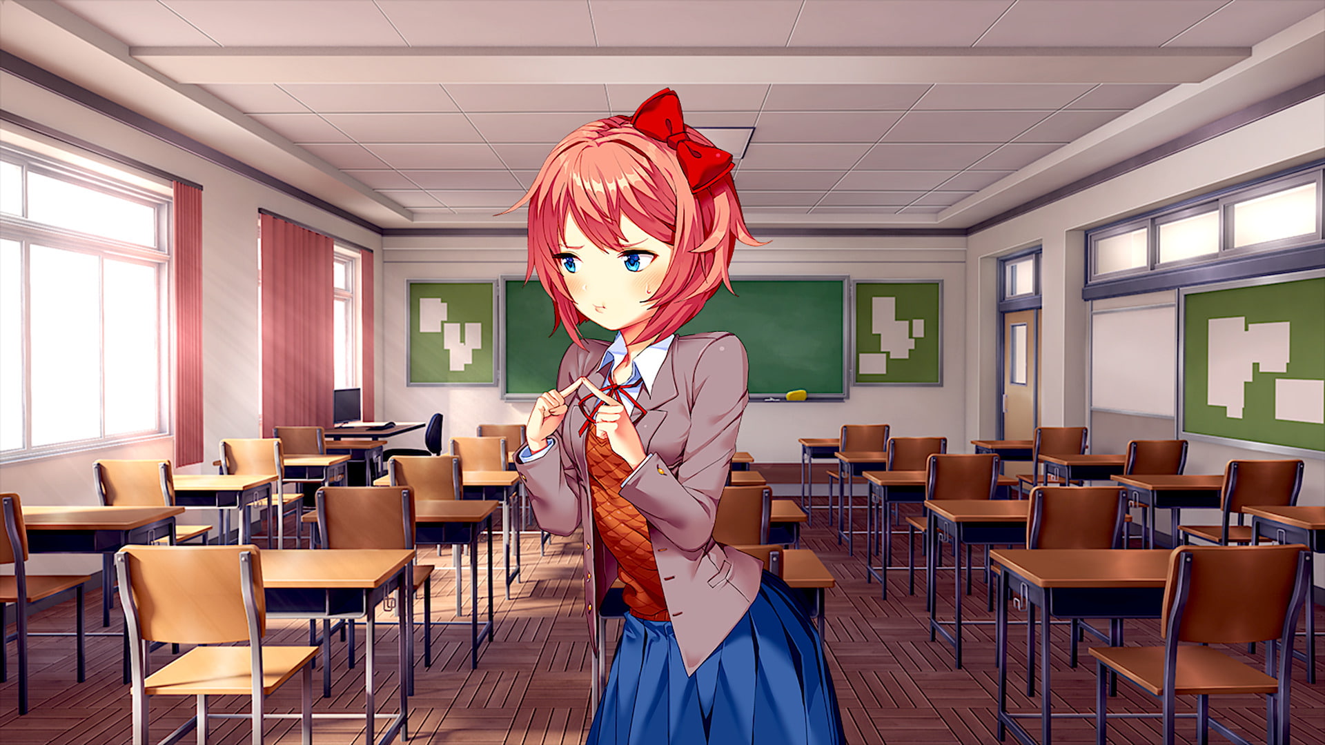 disguise, indoors, mask - disguise, seat, Sayori (Doki Doki Literature Club!), business, table, real people, architecture, 1080P, Doki Doki Literature Club!, HD Wallpaper