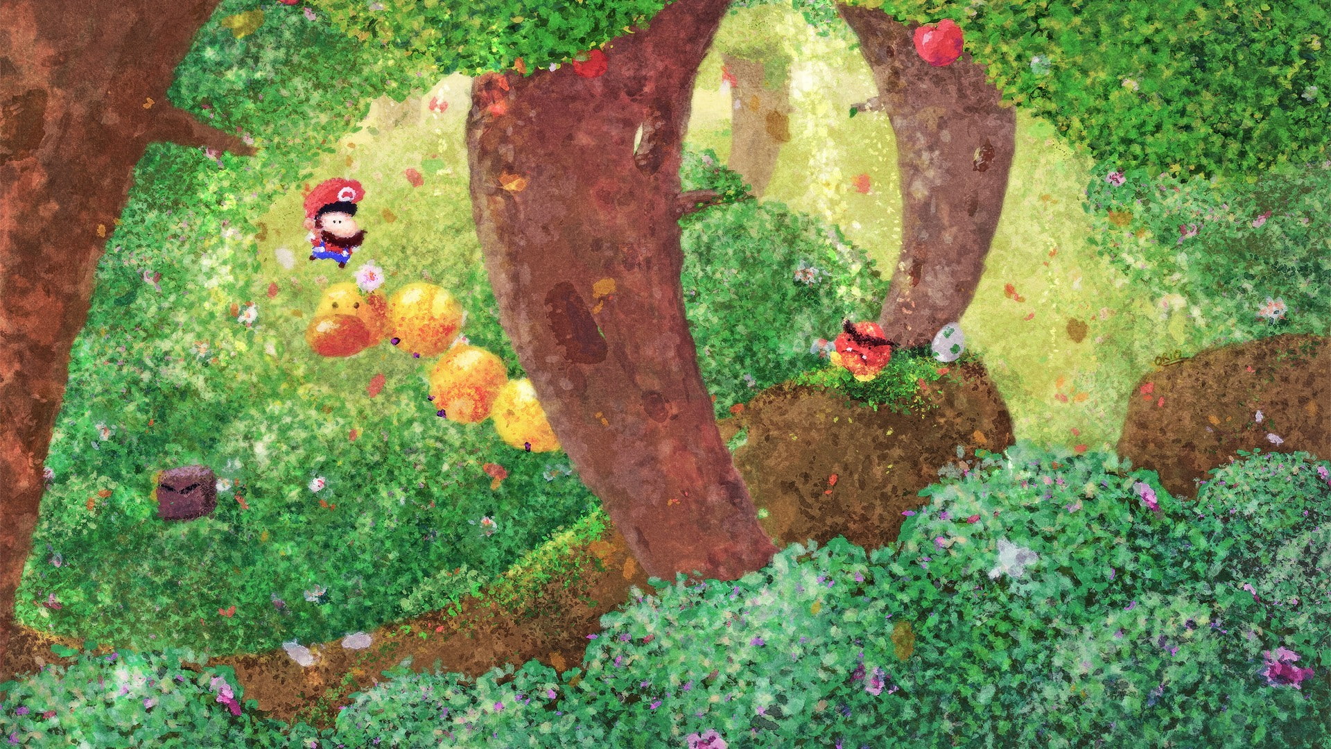 flower, video games, day, flowering plant, footpath, water, moss, nature, multi colored, digital art, Goomba, forest, no people, plant, green color, land, HD Wallpaper