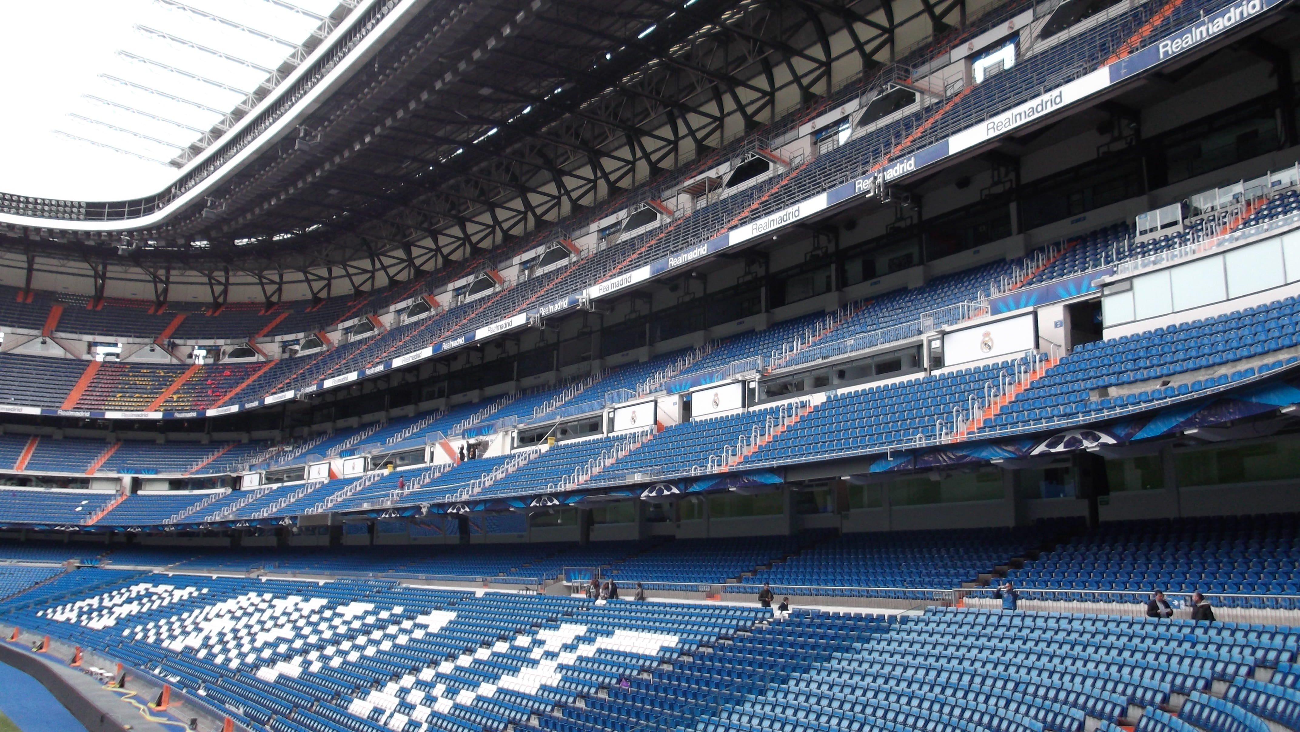 building exterior, stadium, no people, santiago bernabeu, pattern, full frame, architecture, window, football, sport, backgrounds, chairs, building, outdoors, HD Wallpaper