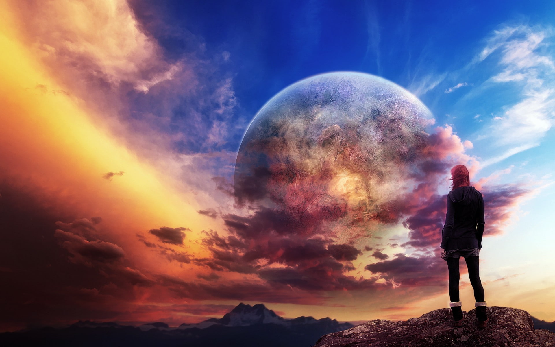 exploration, nature, environment, looking at view, cloud - sky, looking, space, rear view, sky, sunset, adult, watching, 1080P, photo manipulation, digital composite, HD Wallpaper