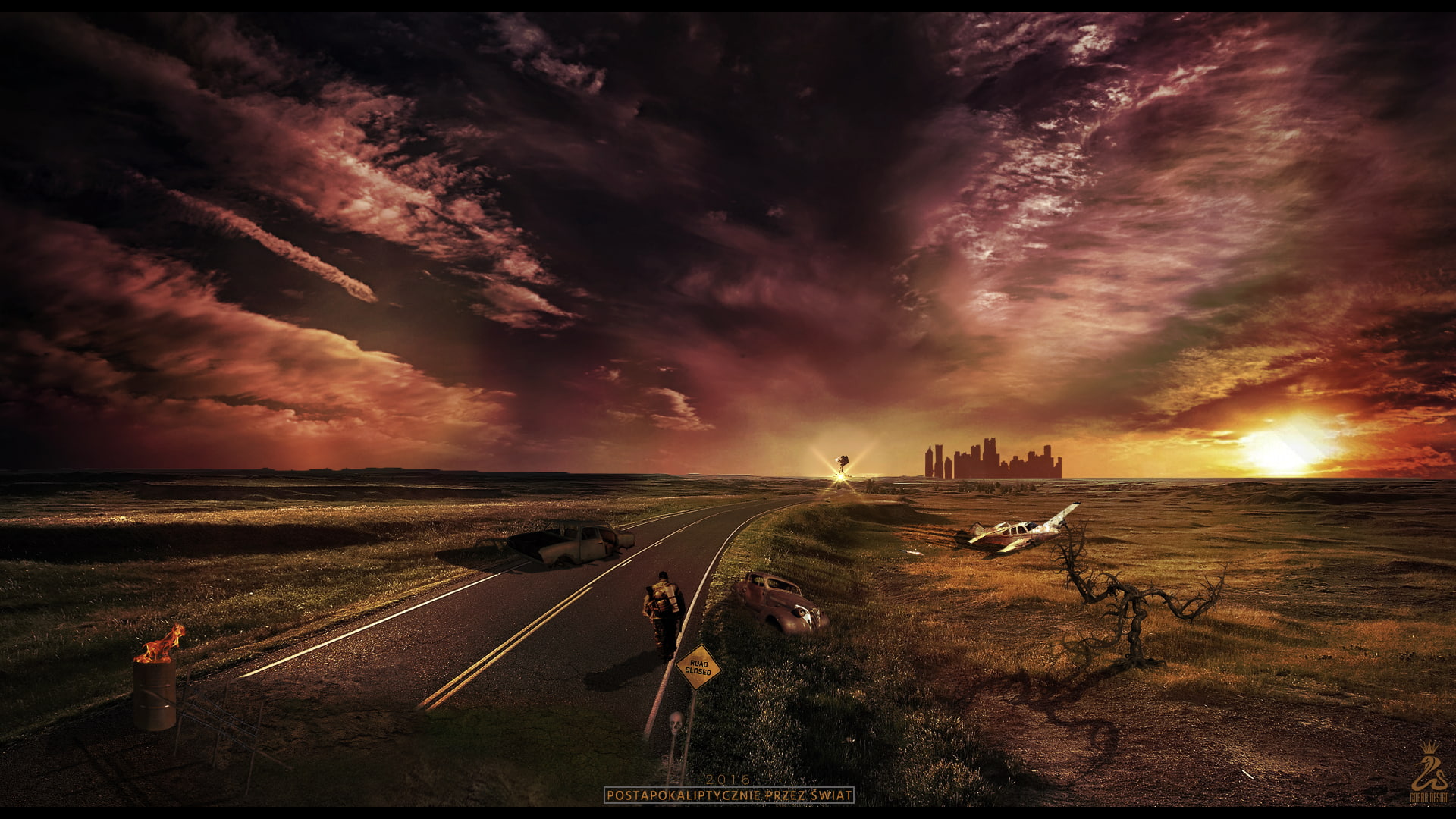 tranquil scene, sky, sunset, 1080P, apocalyptic, scenics - nature, transportation, landscape, environment, cloud - sky, road, auto post production filter, HD Wallpaper