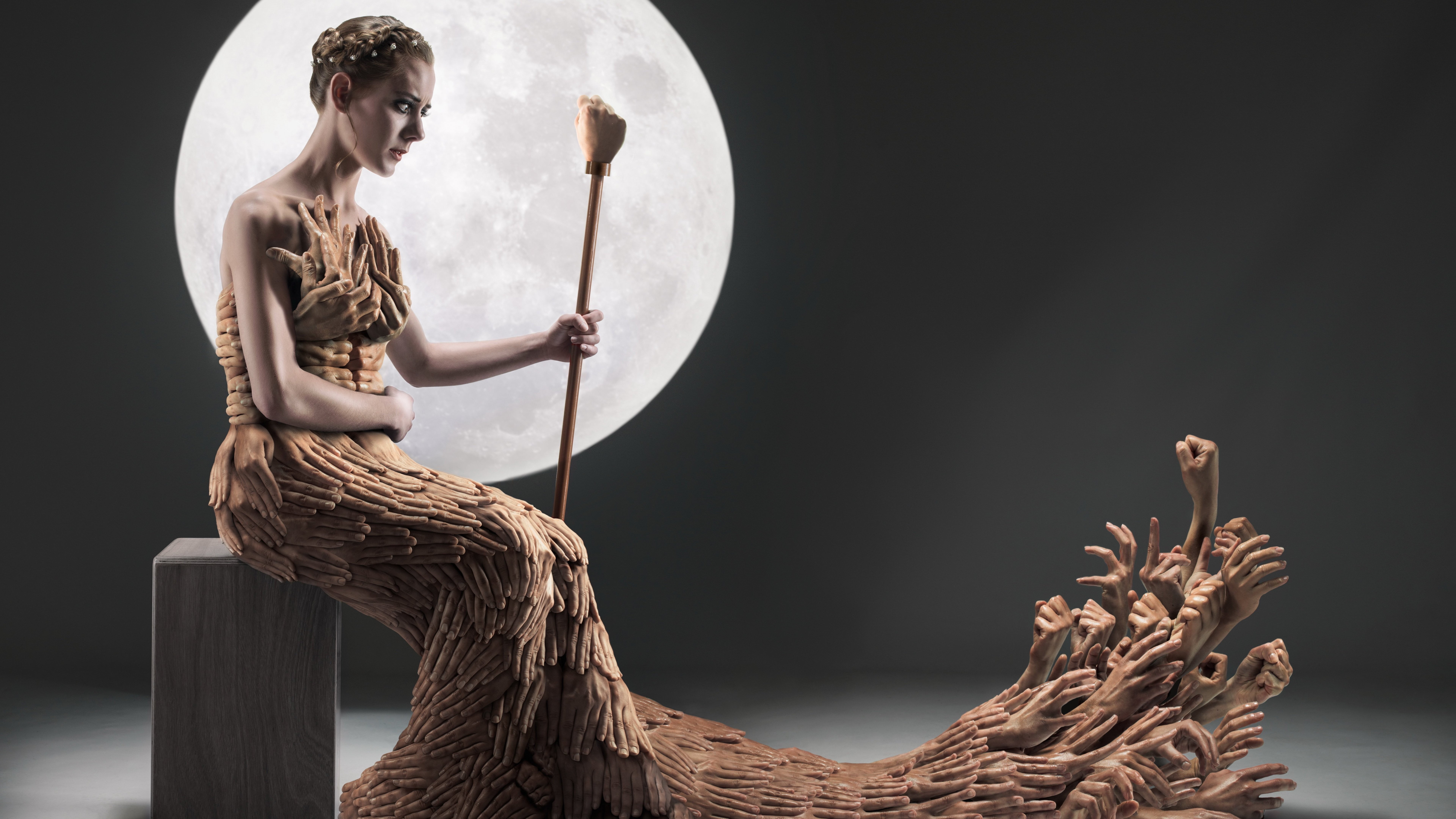 representation, young adult, holding, black background, hairstyle, young women, women, clothing, stage, one person, indoors, photo manipulation, 8K, human representation, HD Wallpaper