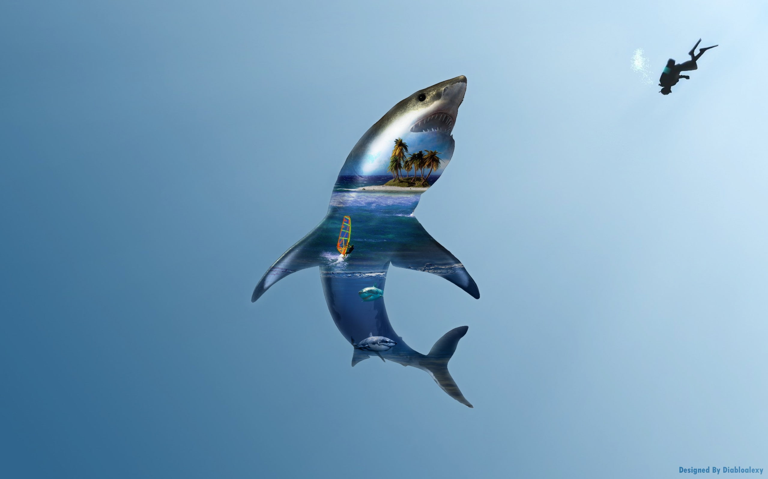 sea, outdoors, divers, cyan, cyan background, diabloalexy, animals in the wild, blue, island, shark, no people, animal wildlife, double exposure, spread wings, HD Wallpaper