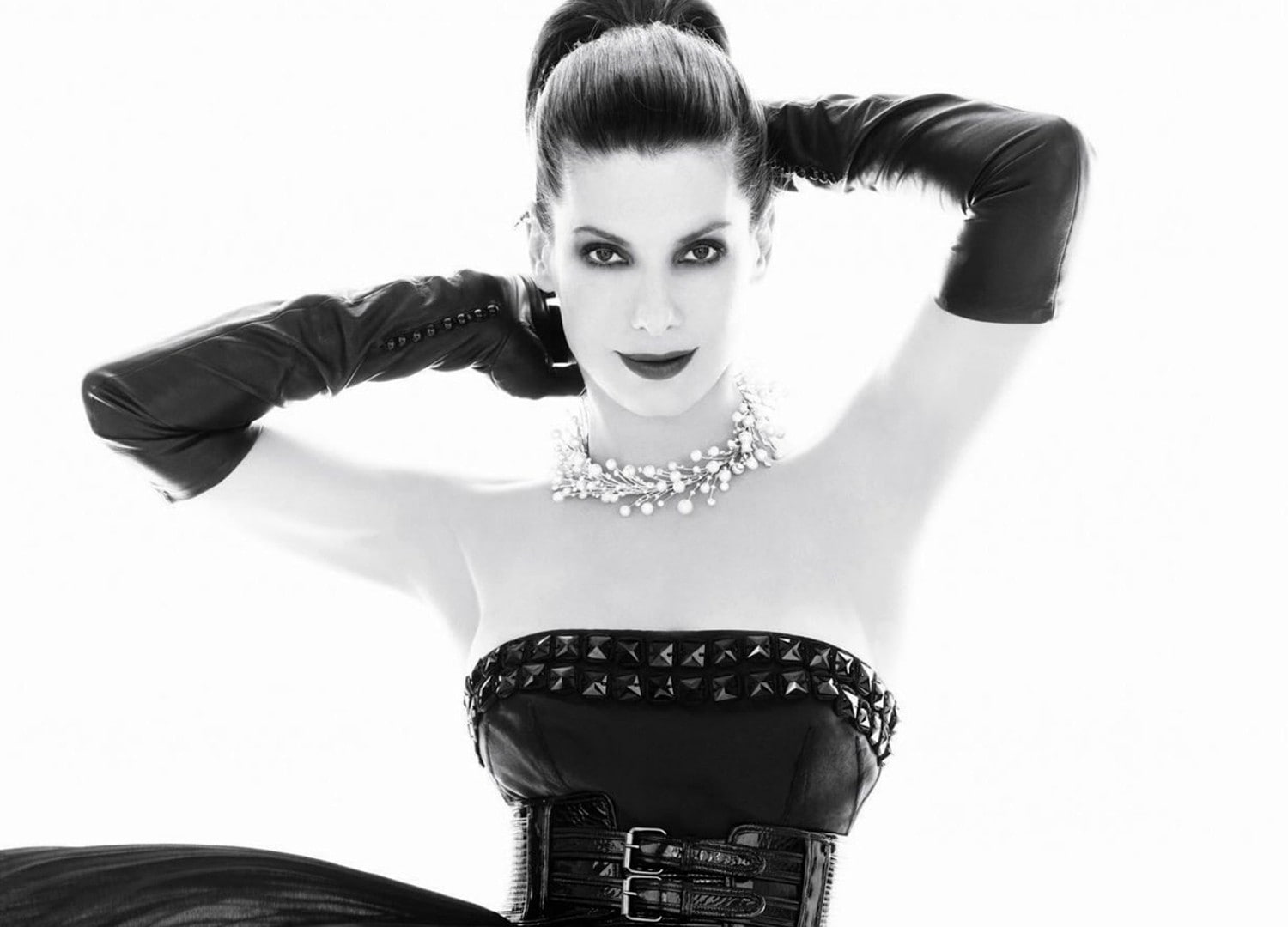 looking at camera, ponytail, young women, portrait, studio shot, white background, fashion, young adult, 720P, black gloves, monochrome, front view, elegance, HD Wallpaper