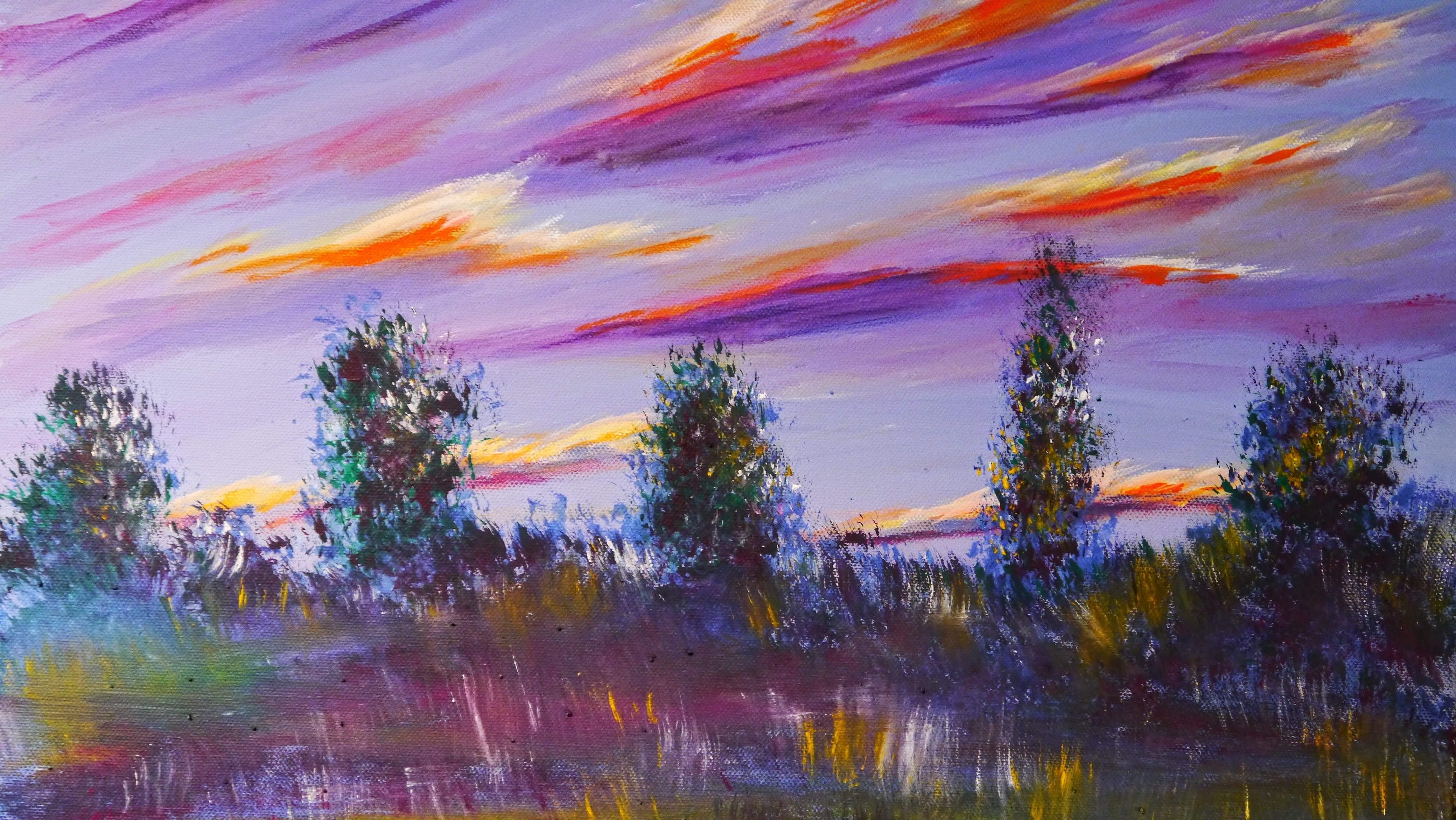 nature, growth, acrylic paints, environment, multicolored, tree, clouds, beauty in nature, green, art, non-urban scene, artistically, cloud - sky, yellow, HD Wallpaper