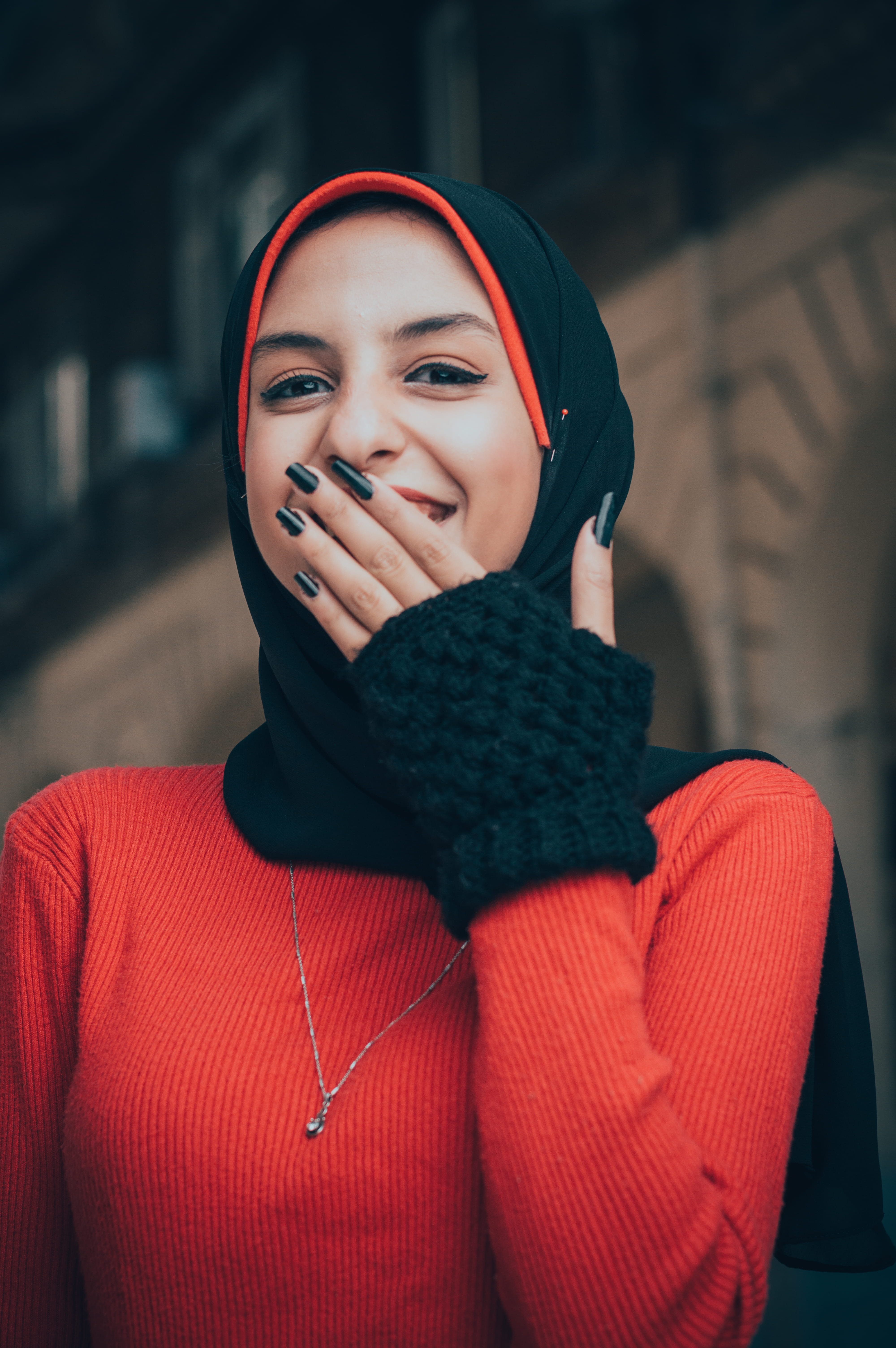 leisure activity, depth of field, smile, lifestyles, lady, person, photo, beautiful woman, sweater, mouth, young adult, portrait, red, warm clothing, clothing, Phone HD Wallpaper