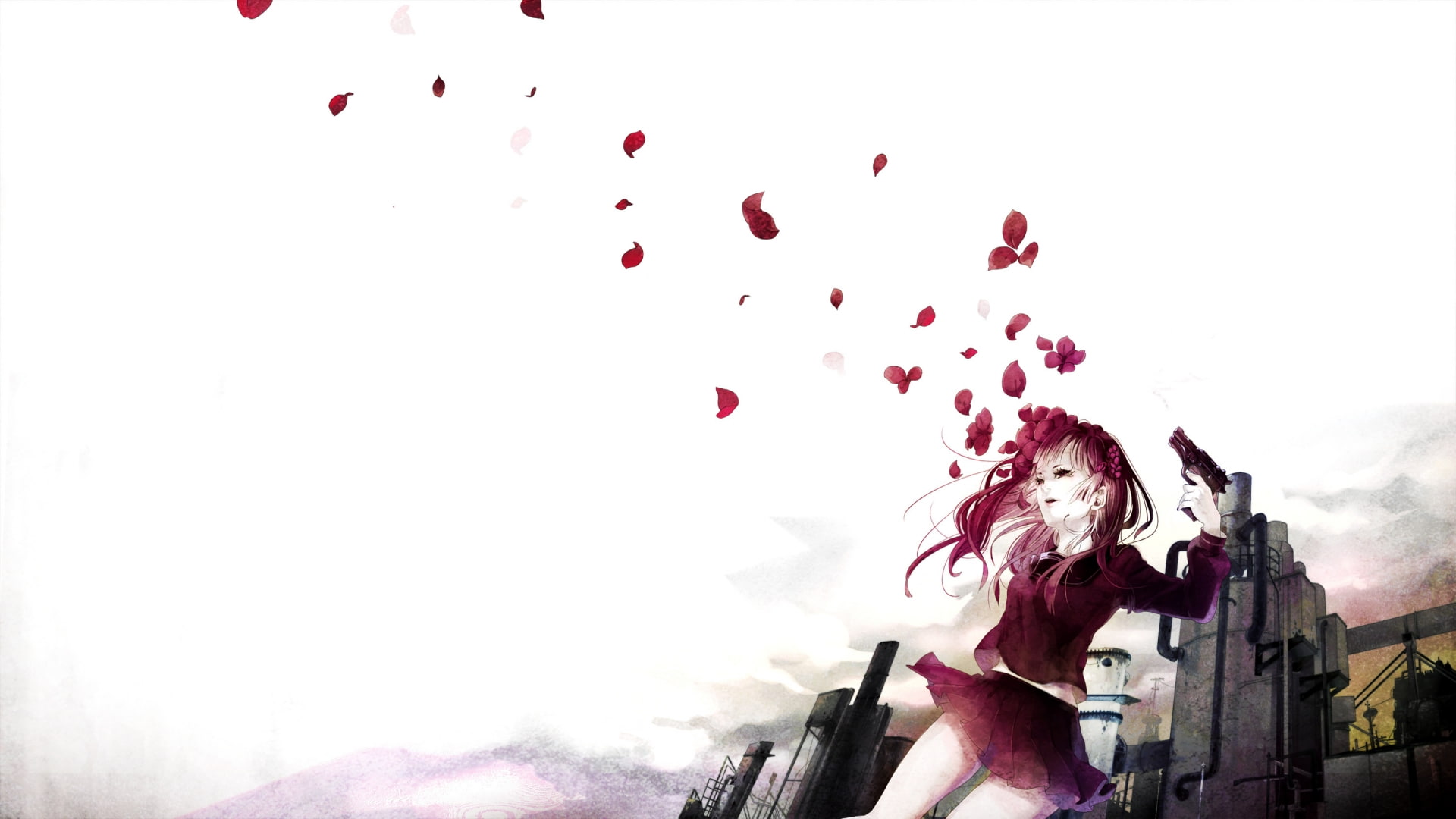1080P, handgun, weapons, original, horror, mood, guns, sorrow, pistol, suicide, art, flowers, sad, dark, vector, HD Wallpaper