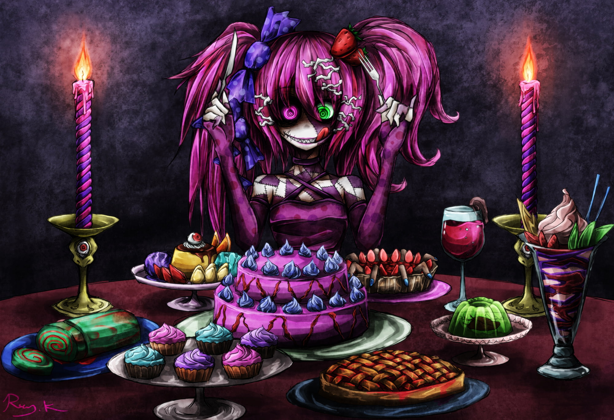 flames, hatsune, dark, horror, cake, women, macabre, vocaloid, candles, purple, games, desert, evil, creepy, female, sweet, bright, fire, detail, spooky, HD Wallpaper