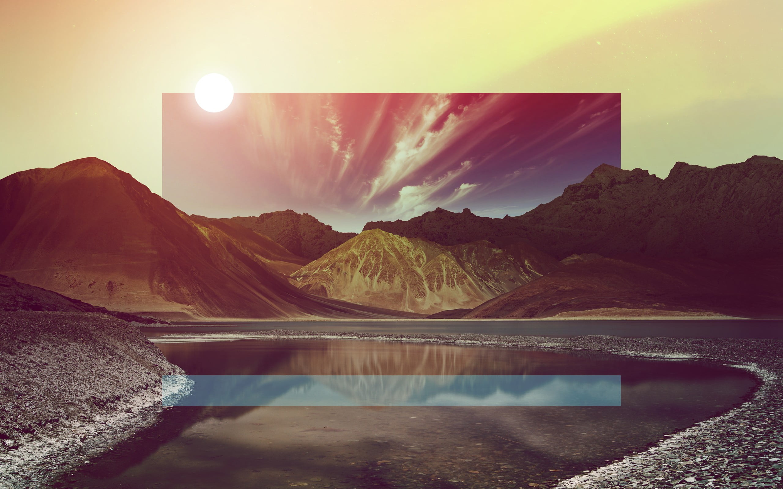 glitch art, water, reflection, remote, sky, mountain range, rock, photo manipulation, idyllic, beauty in nature, lens flare, hills, nature, mountain, green, HD Wallpaper