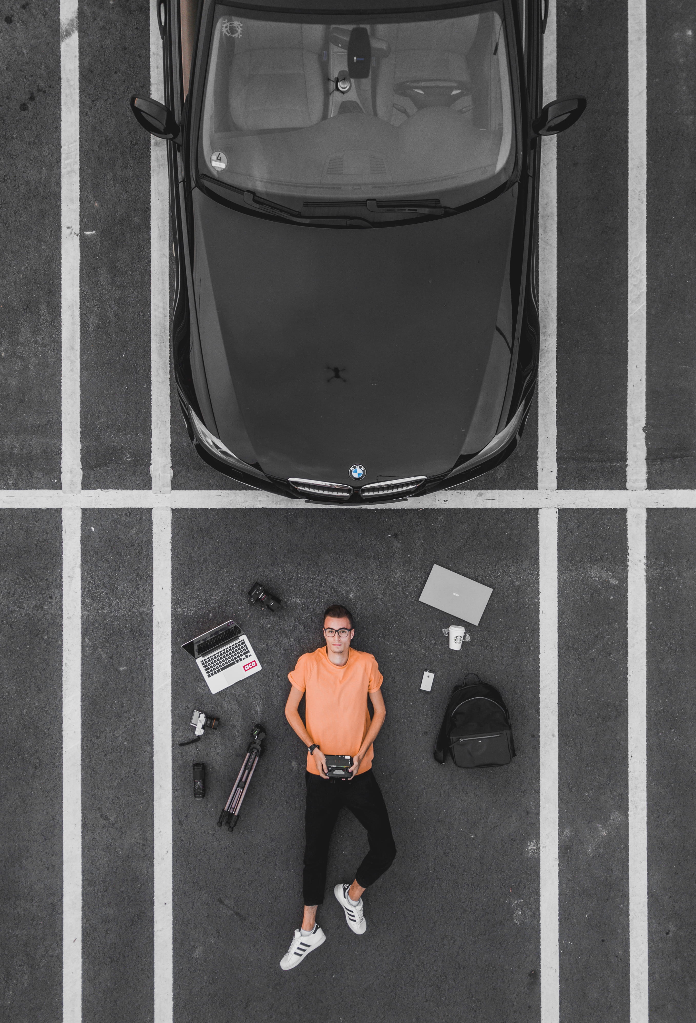 transportation, starbuck, macbook, man, outdoors, camera, males, urban Scene, land Vehicle, parking lot, caucasian Ethnicity, people, tech, flatlay, near, Phone HD Wallpaper