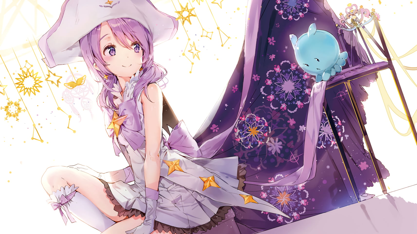 gloves, 720P, Anmi, purple hair, twintails, Houkago no Pleiades, hat, purple eyes, dress, bow, HD Wallpaper
