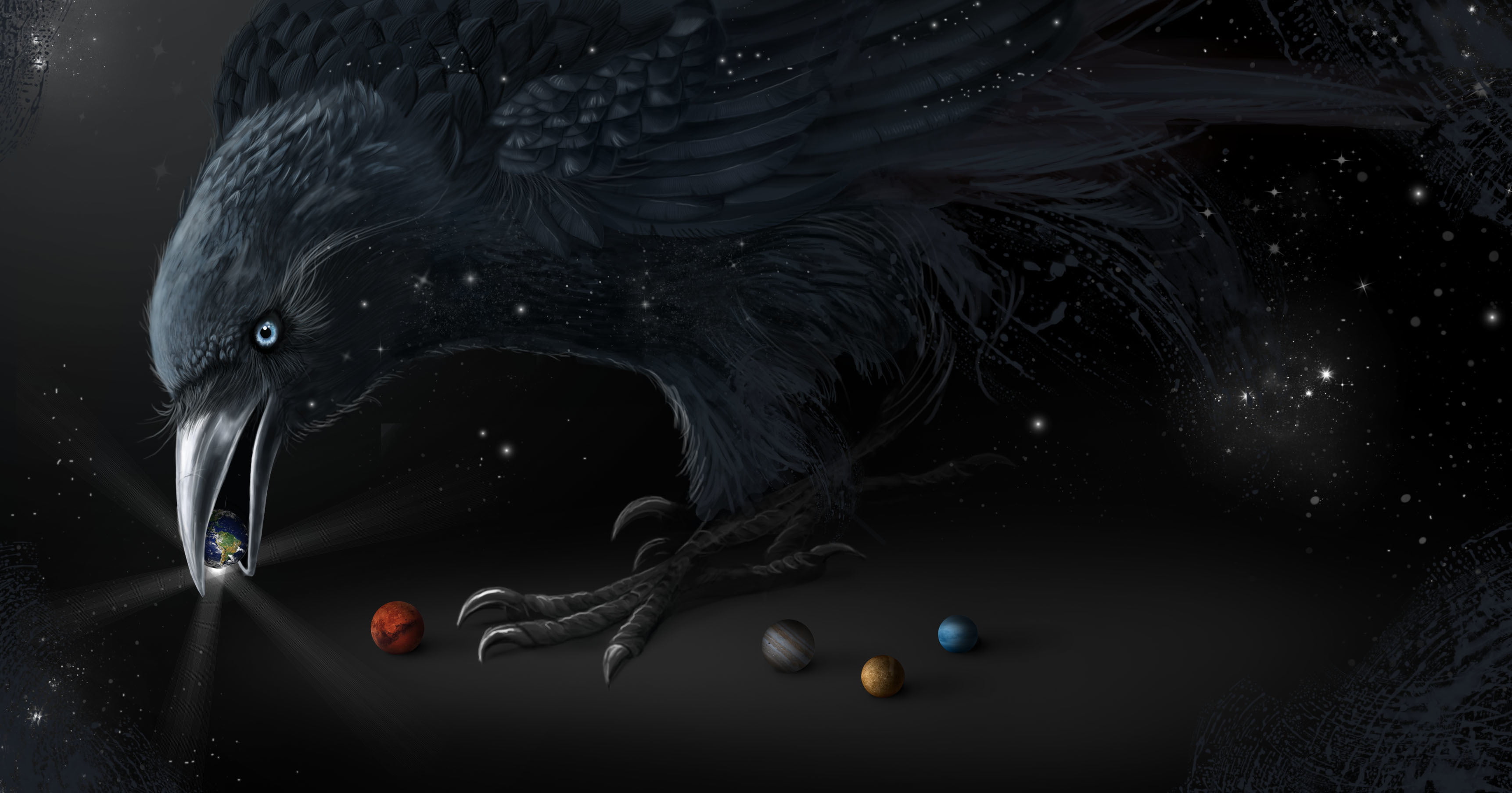 nature, 2K, bird, dark, activity, splashing, digital, no people, sphere, Raven, planet, black, art, motion, indoors, beak, art and craft, close-up, HD Wallpaper