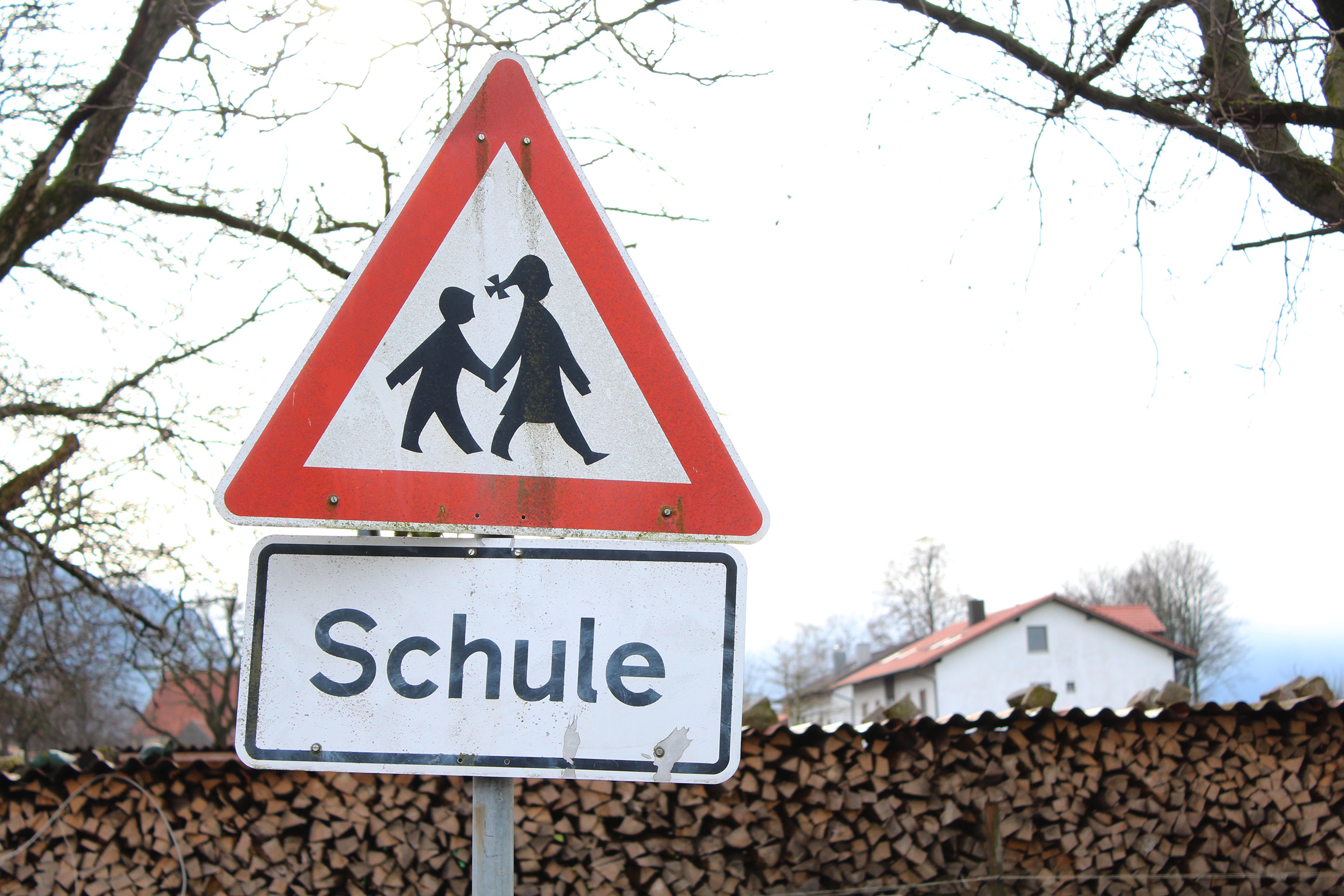 2K, europe, warning sign, nature, shape, road sign, day, human representation, information, bare tree, representation, no people, school, travel, triangle shape, HD Wallpaper