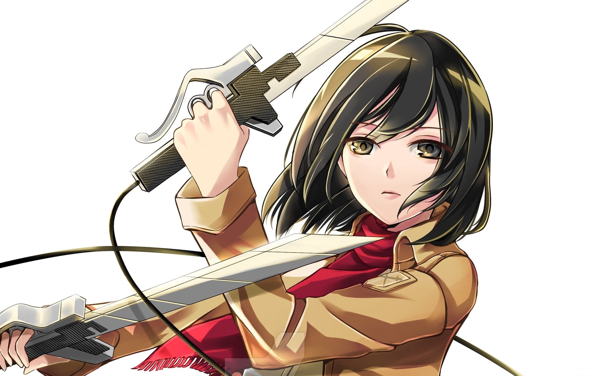 Shingeki no Kyojin, Hajime Isayama, swords, red scarf, art, Mikasa Ackerman, look, white background, The Invasion Of The Giants, 1080P, emblems, military, HD Wallpaper