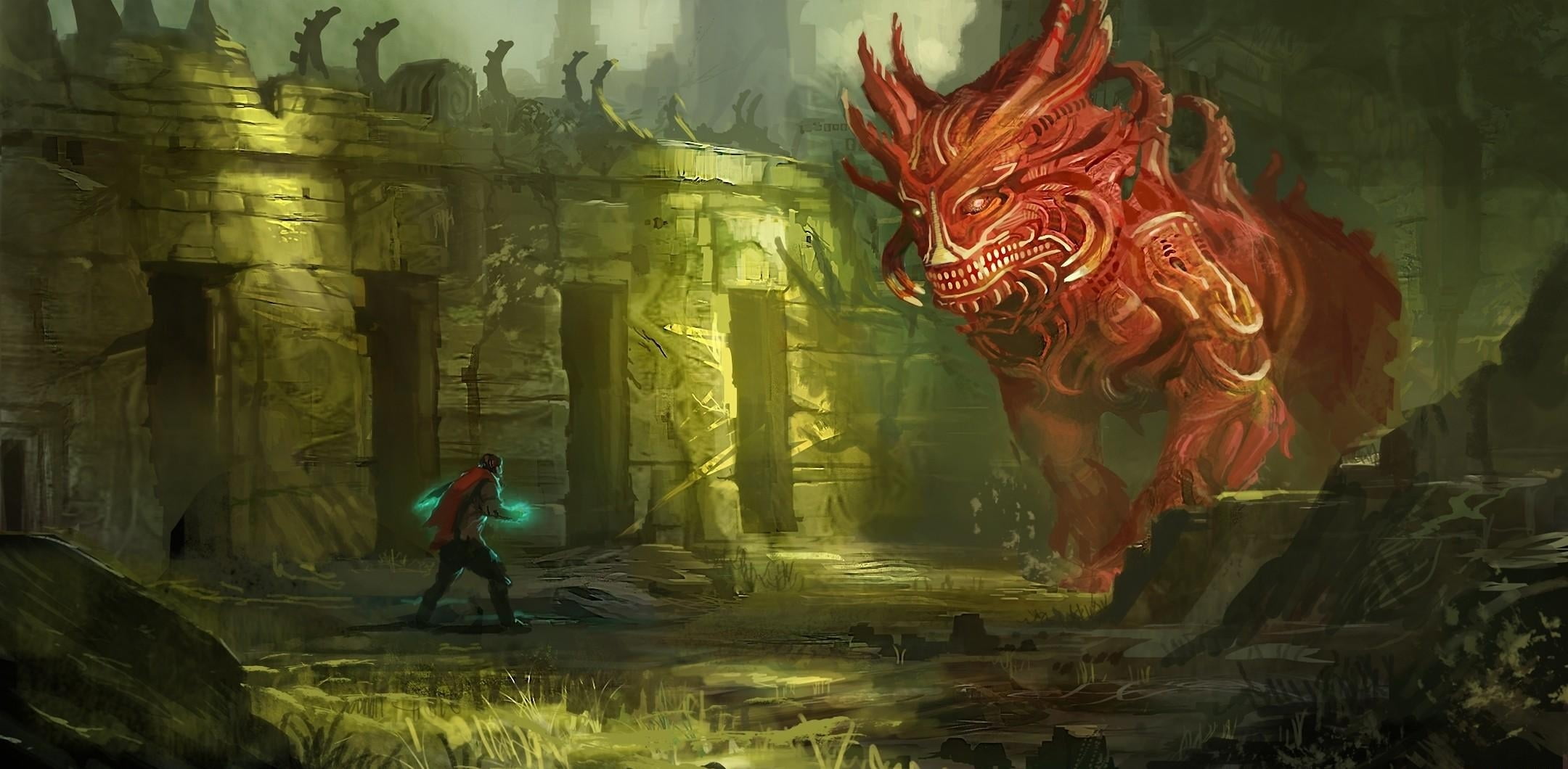 built structure, travel, illustration, lifestyles, architectural column, abstract, monster, representation, red, giant, creativity, spirituality, lion, HD Wallpaper