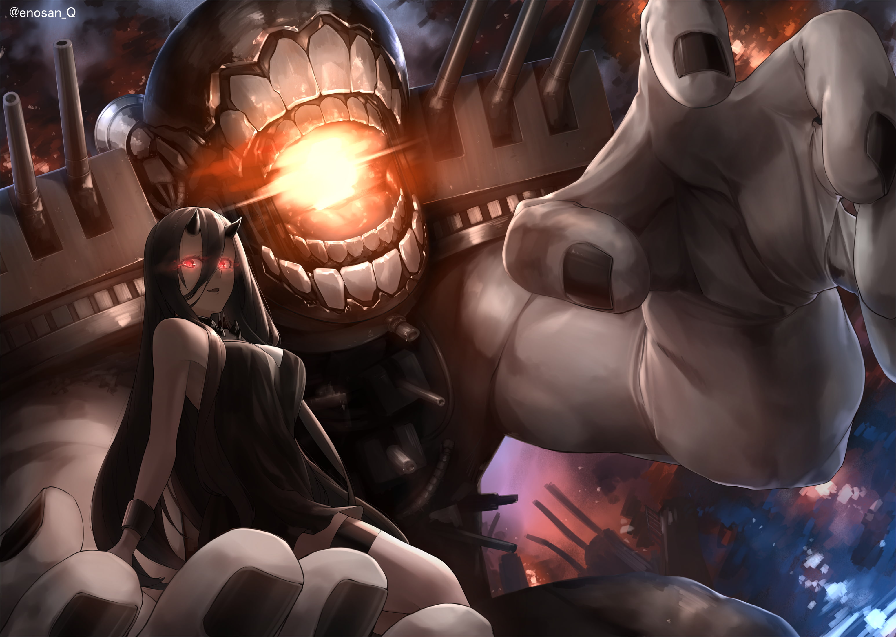 long hair, anime girls, charge, looking at viewer, Kantai Collection, 2K, fire, horns, giant, pale, dress, red eyes, anime, cannons, HD Wallpaper