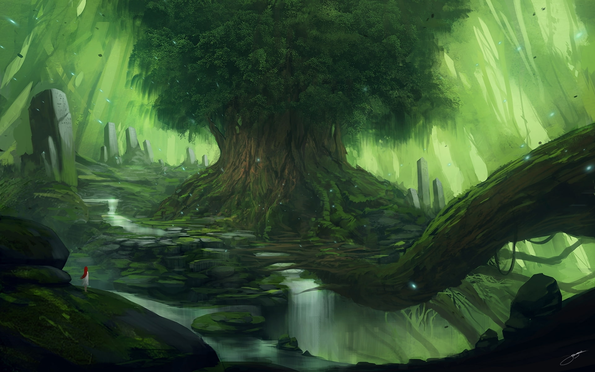 1080P, giant, tree, girl, blinck, art, landscape, waterfall, stones, red, columns, HD Wallpaper