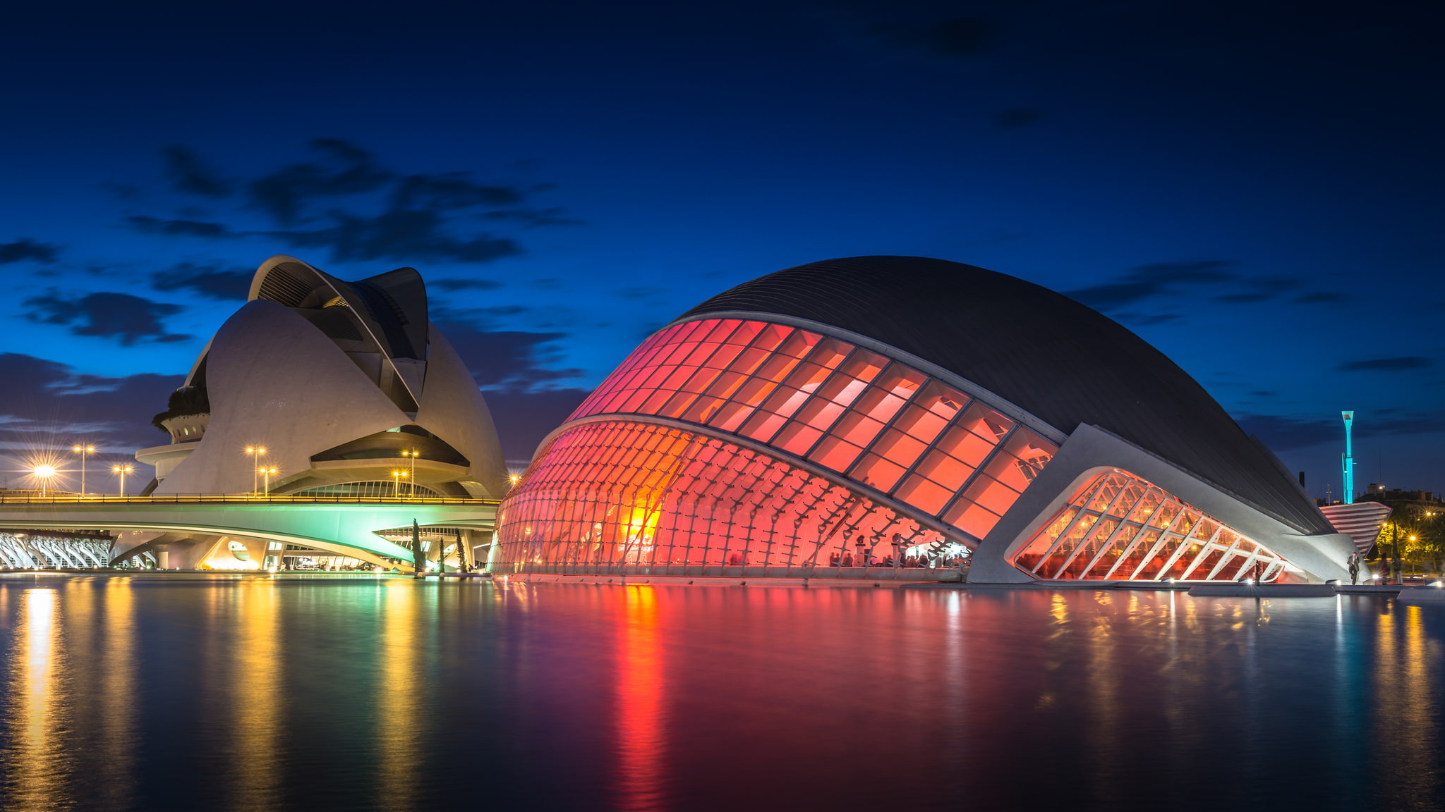 Valencia, reflection, bridge, lights, night, 1080P, lighting, blue, Spain, the architectural complex, The city of Arts and Sciences, the sky, river, clouds, HD Wallpaper
