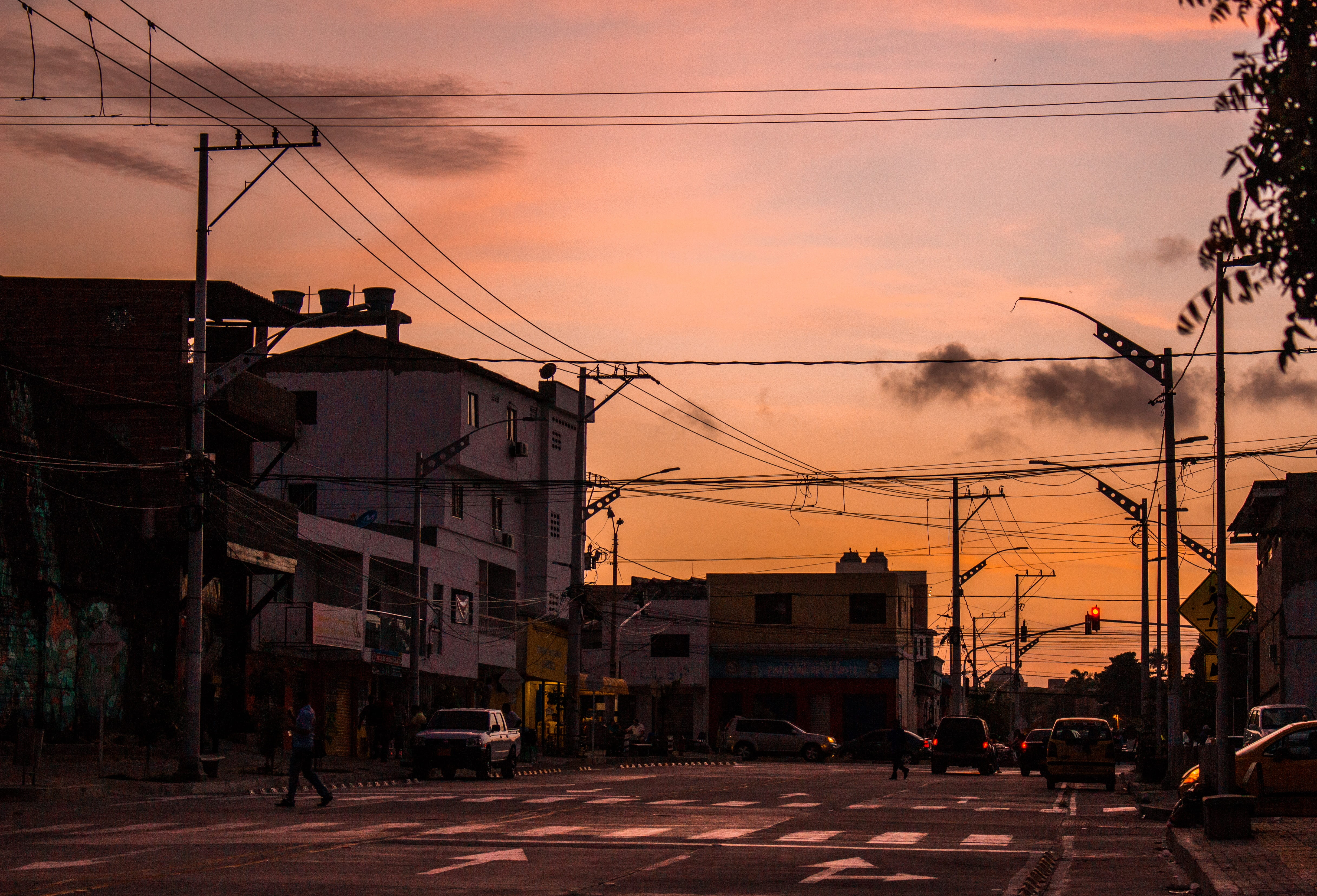 sky, connection, colorful, cable, road, built structure, 4K, city, street, transportation, cloud - sky, power line, orange color, complexity, barranquilla, HD Wallpaper