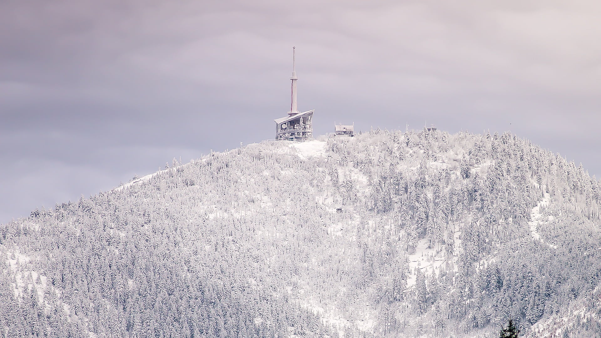 built structure, day, mountain peak, 1080P, global communications, no people, outdoors, lysa hora, environment, cloud - sky, snowcapped mountain, transmitter, HD Wallpaper