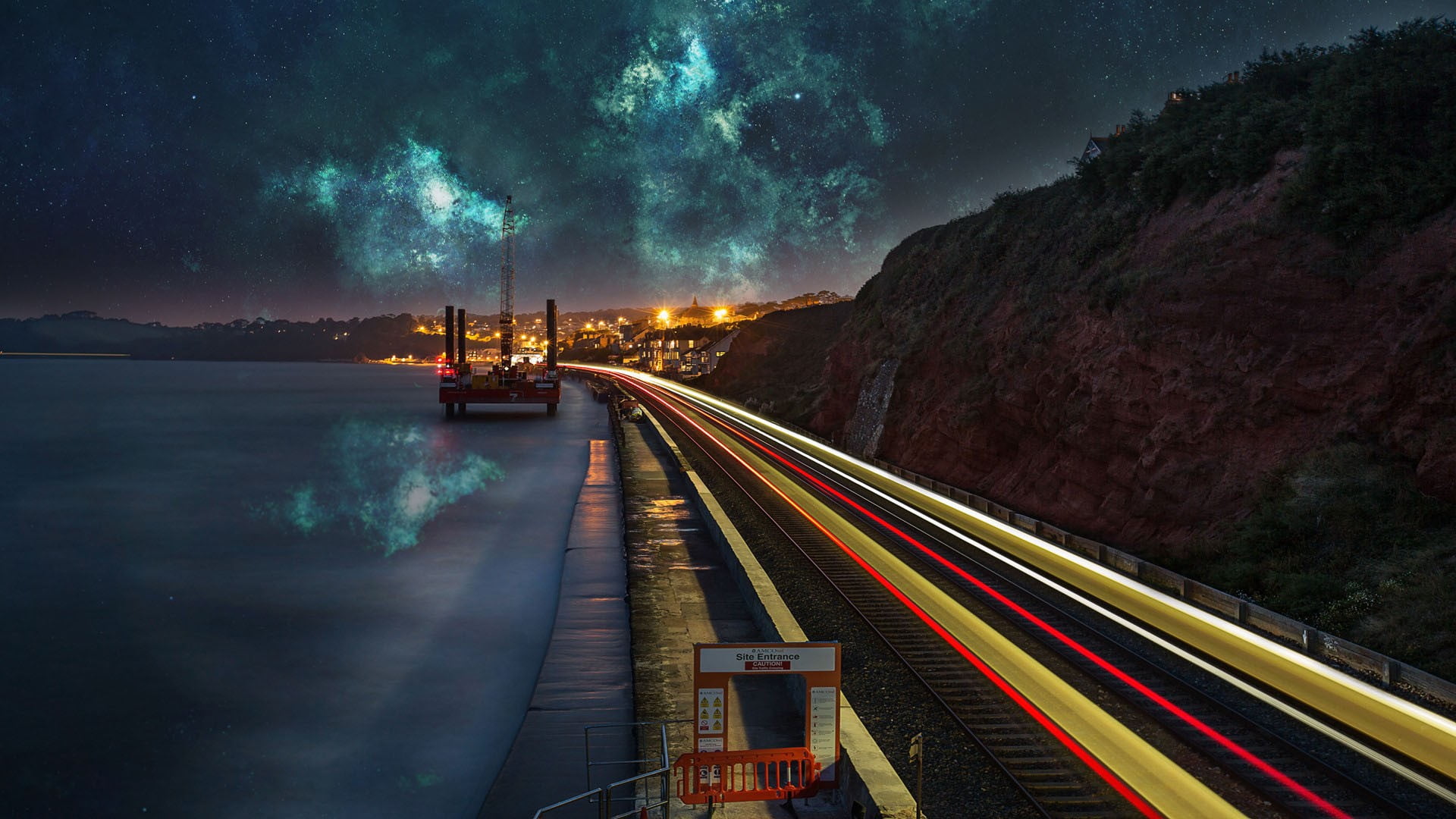 1080P, night, light trail, astronomy, road, connection, motion, lake, cloud - sky, nature, bridge, bridge - man made structure, scenics - nature, architecture, HD Wallpaper