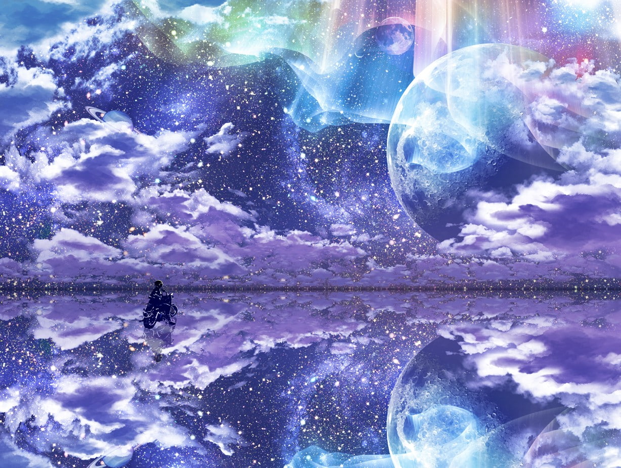 motorcycle, clouds, reflection, 480P, aurorae, nebula, Moon, HD Wallpaper