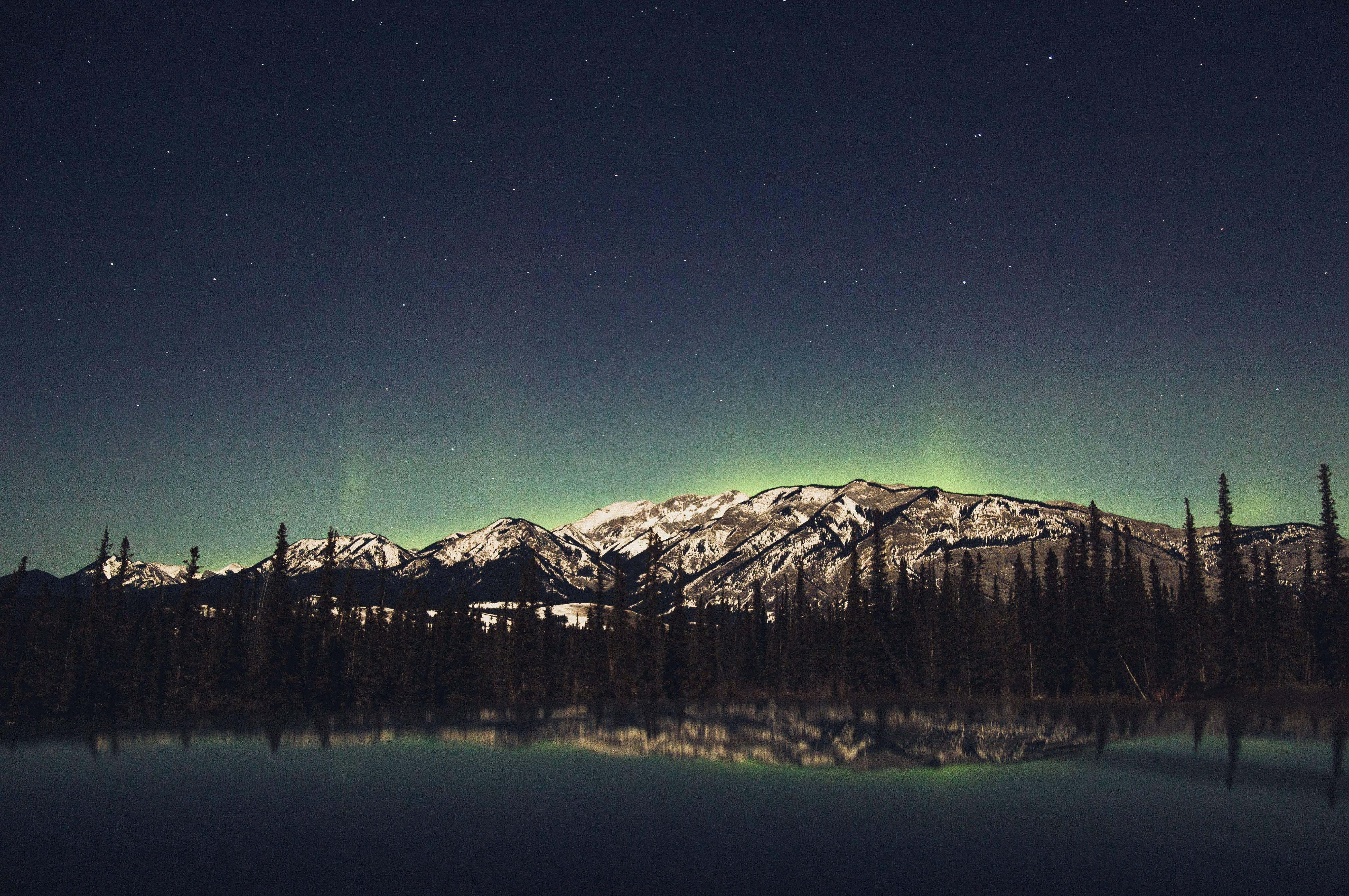 trees, landscape, water, nebula, aurorae, 5K, nature, reflection, space, HD Wallpaper