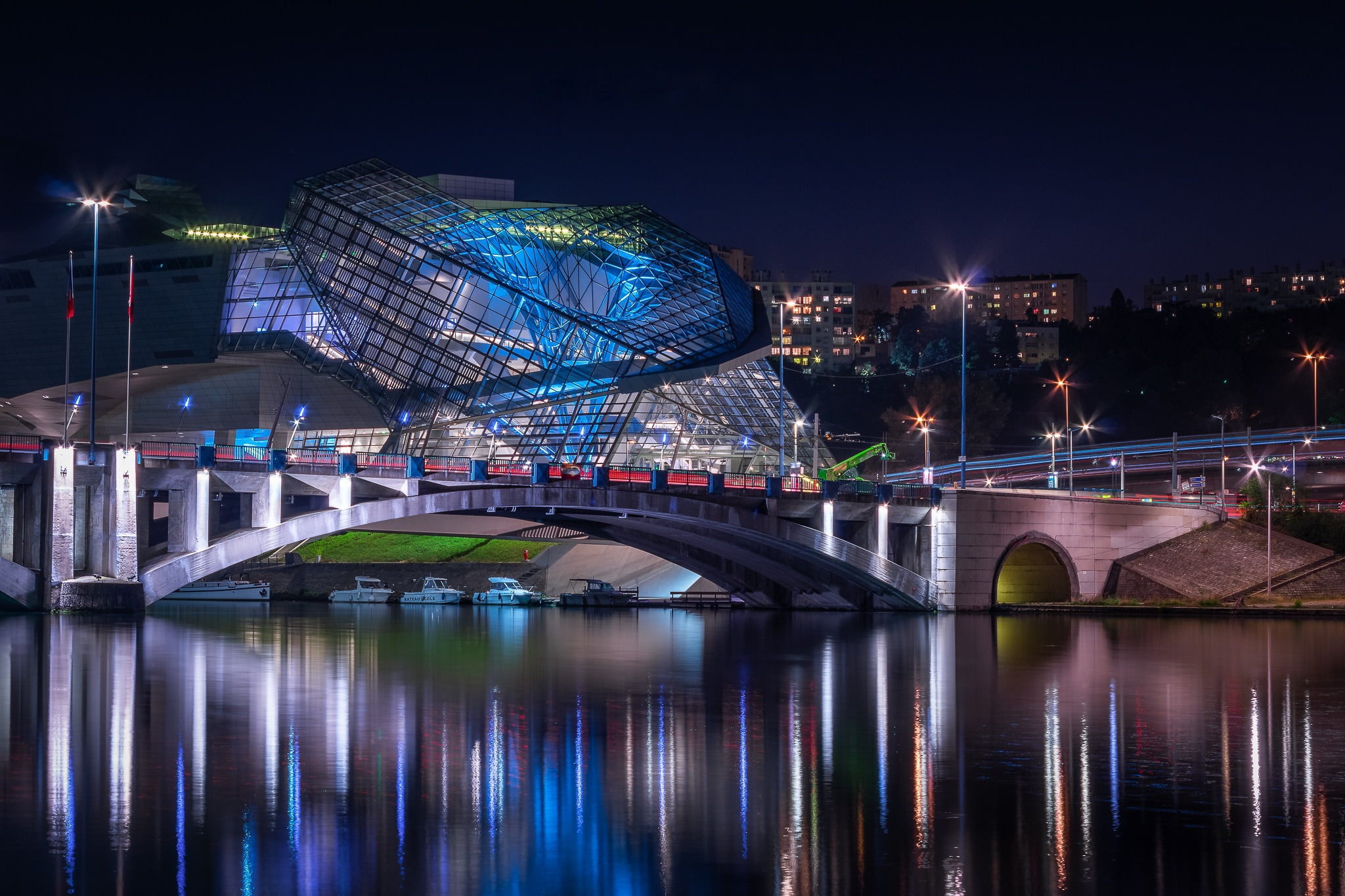 France, Lyon, Museum merger, night, lights, 1080P, HD Wallpaper
