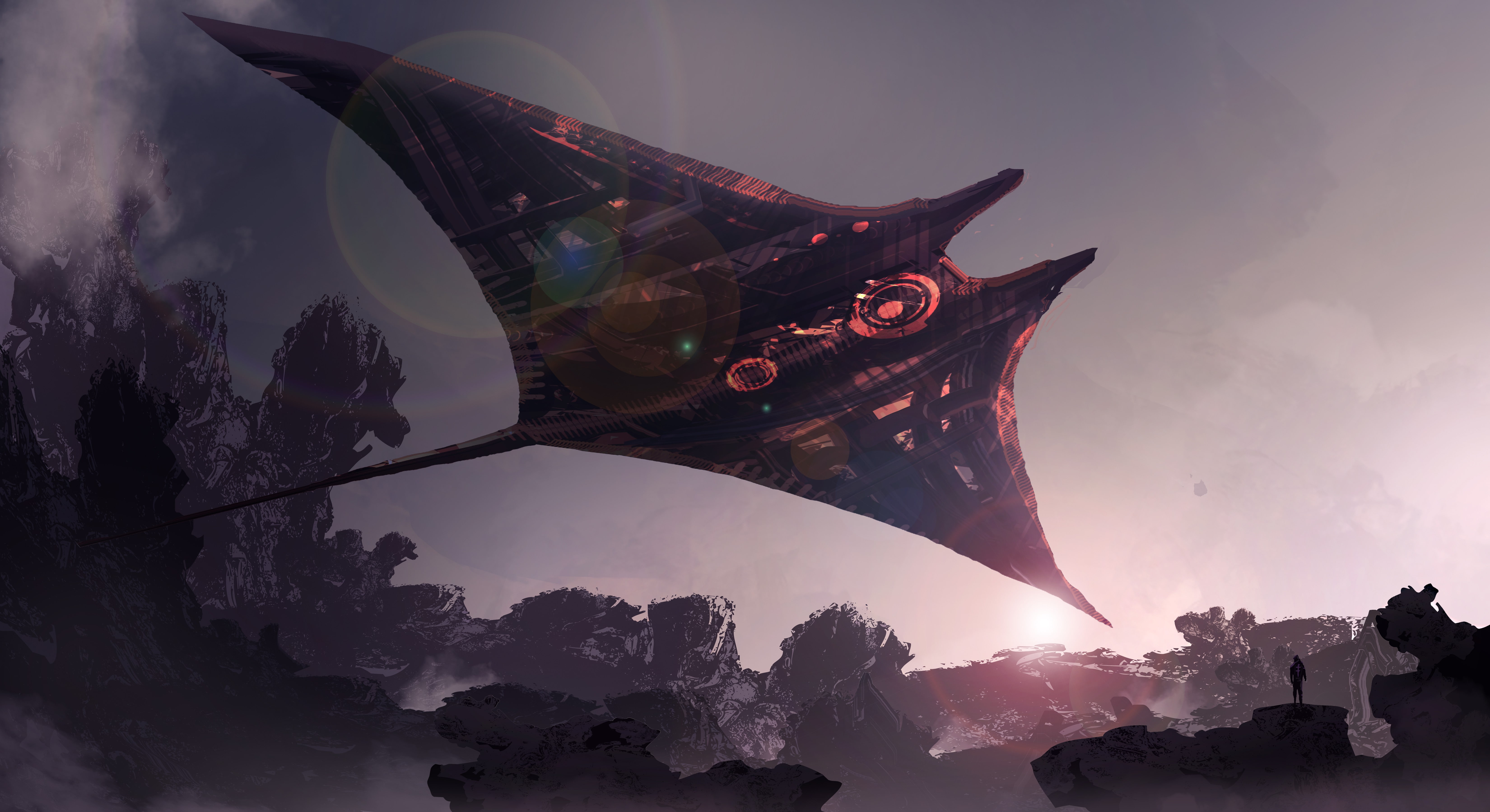 low angle view, flying, spaceship, science fiction, flag, cold temperature, tranquility, cloud - sky, environment, scenics - nature, outdoors, digital composite, HD Wallpaper