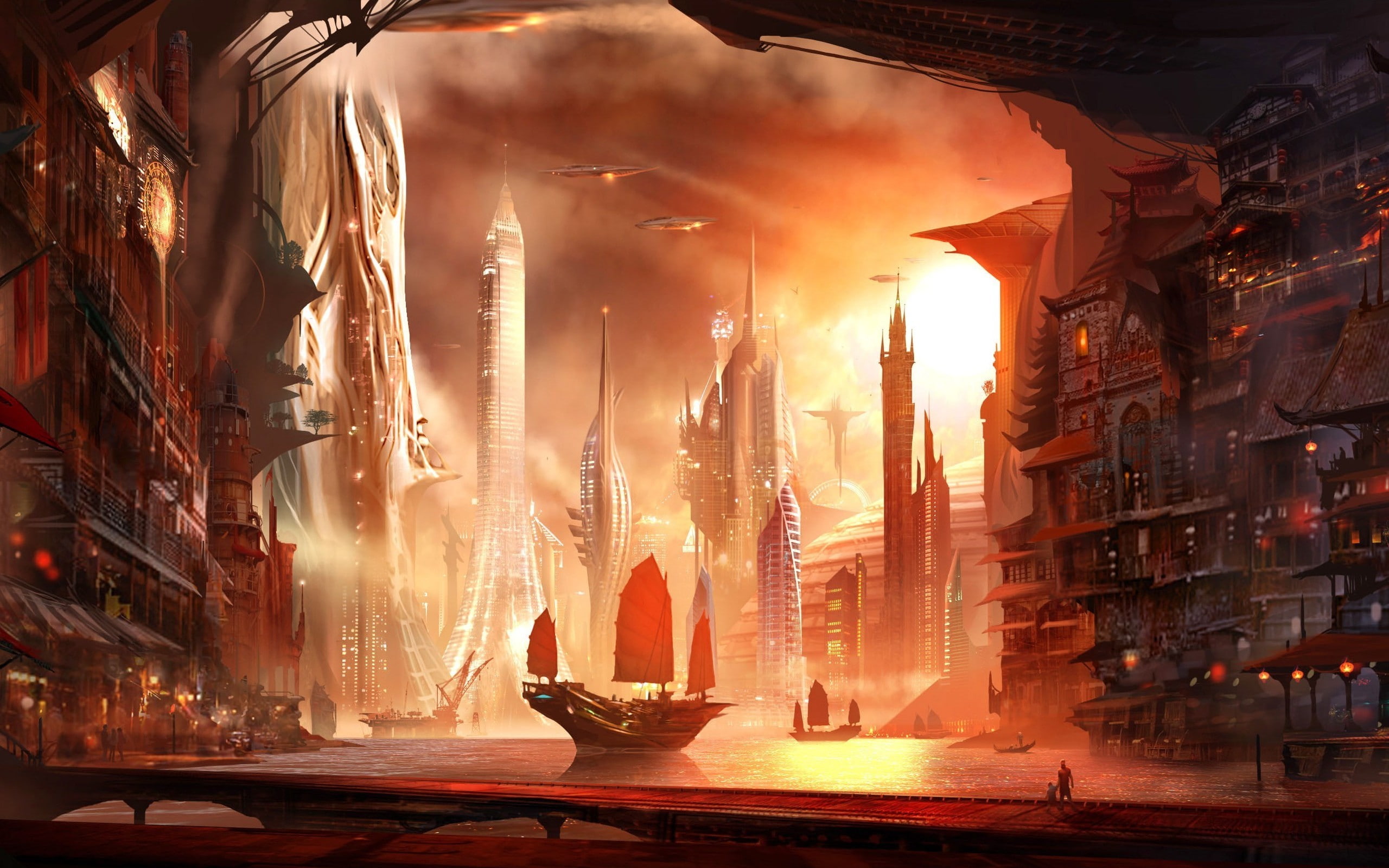 futuristic, science fiction, 2K, sailing ship, fantasy art, HD Wallpaper