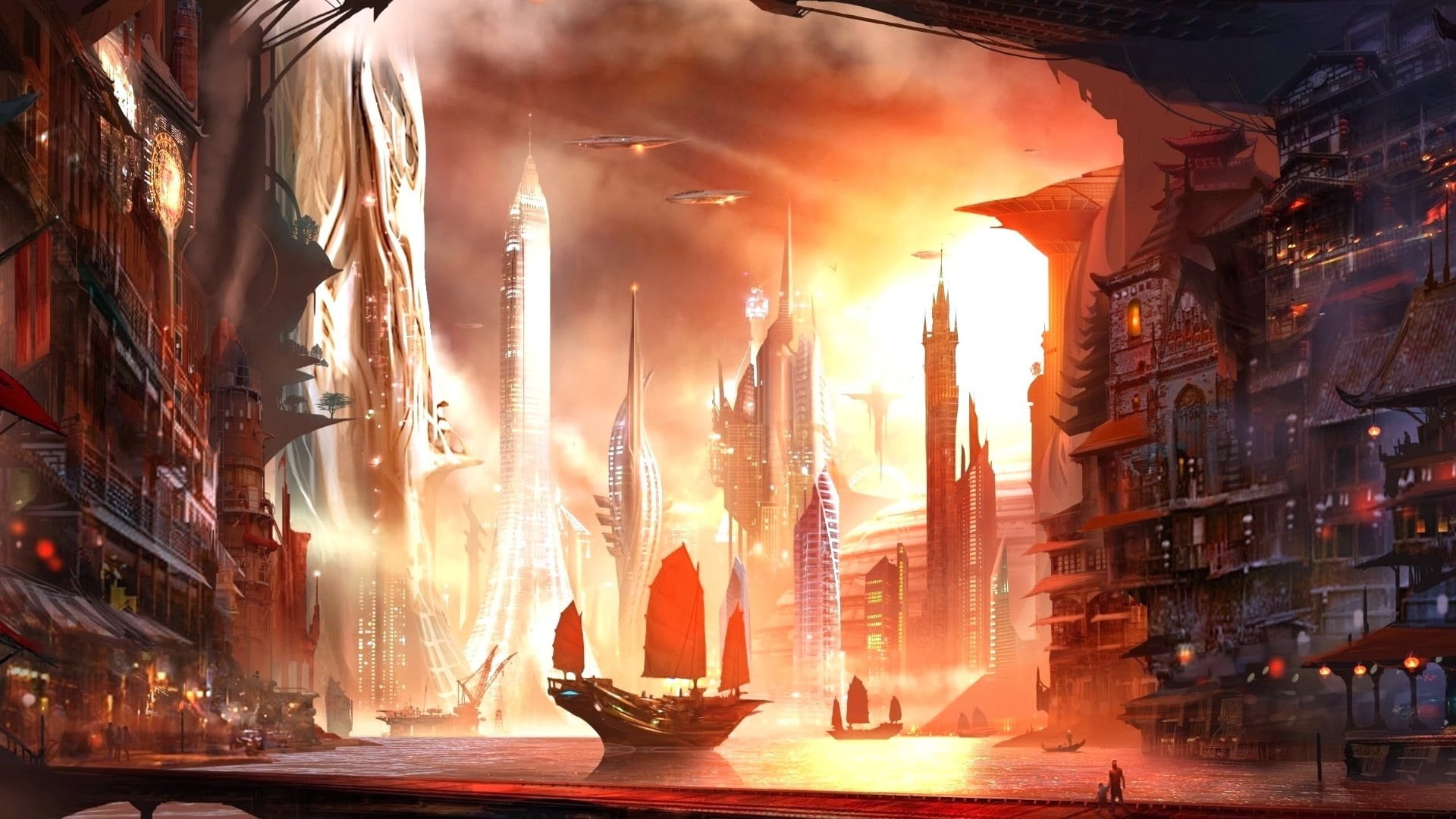 no people, artwork, sunset, buildings, nature, old ship, motion, mode of transportation, illuminated, sky, science fiction, sunlight, building exterior, HD Wallpaper