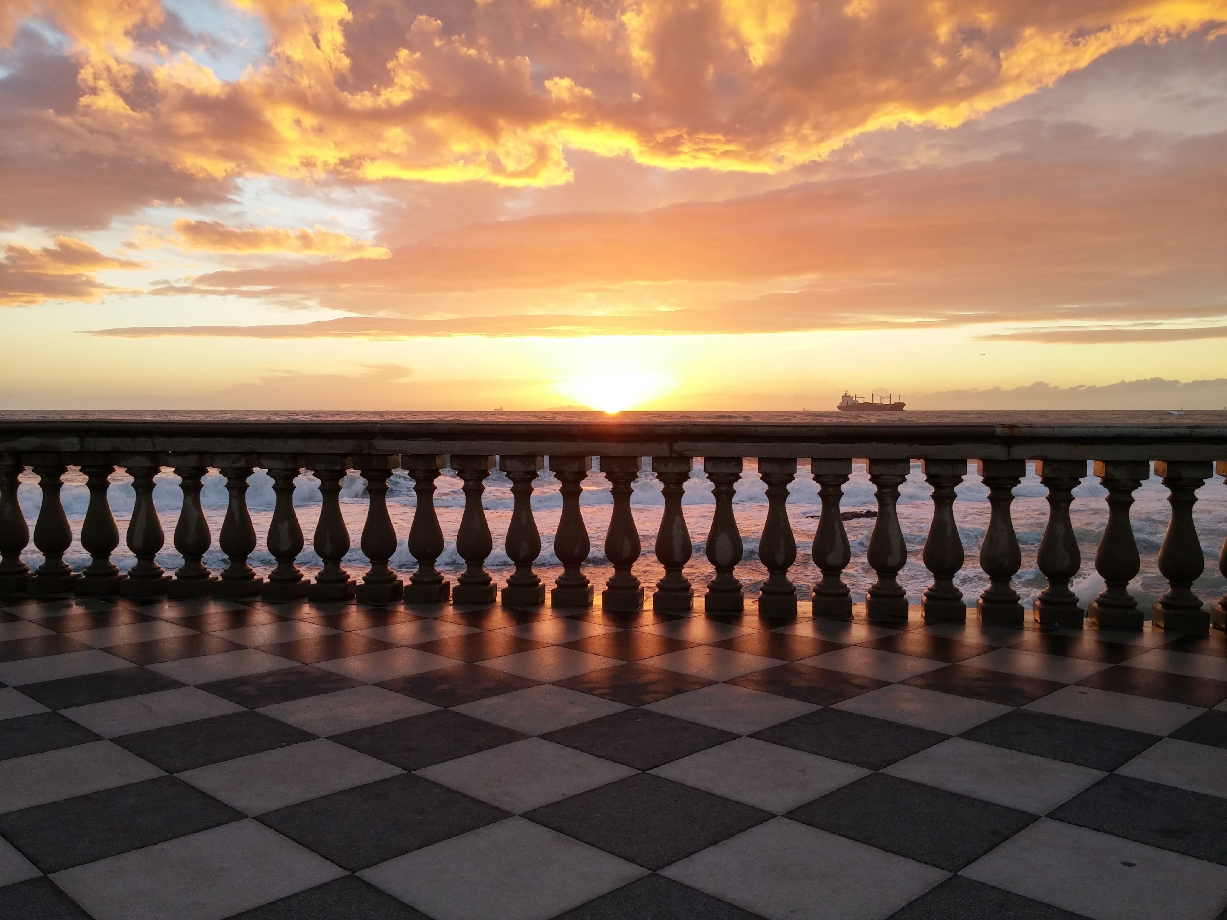 architecture, horizon over water, balustrade, tiled floor, terrace, horizon, orange color, nature, idyllic, sunset, water, no people, scenics - nature, HD Wallpaper