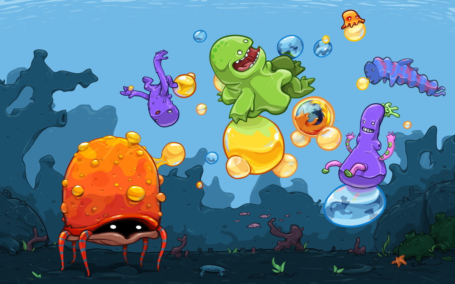 comics, creatures, david, colors, ocean, monsters, underwater, cartoons, 1080P, crabs, life, lanham, sketches, sea, funny, humor, art, fishes, floor, animals, HD Wallpaper