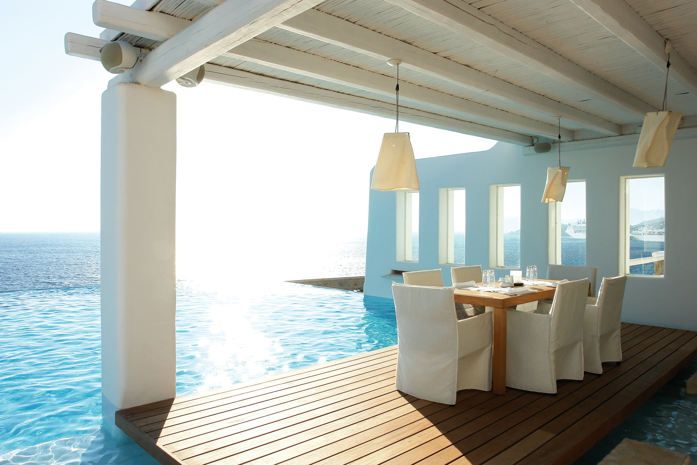 tourist Resort, seat, villa, built structure, table, wooden, empty, brown, indoors, luxury, chair, interior, outdoors, vacations, water, window, home, day, HD Wallpaper