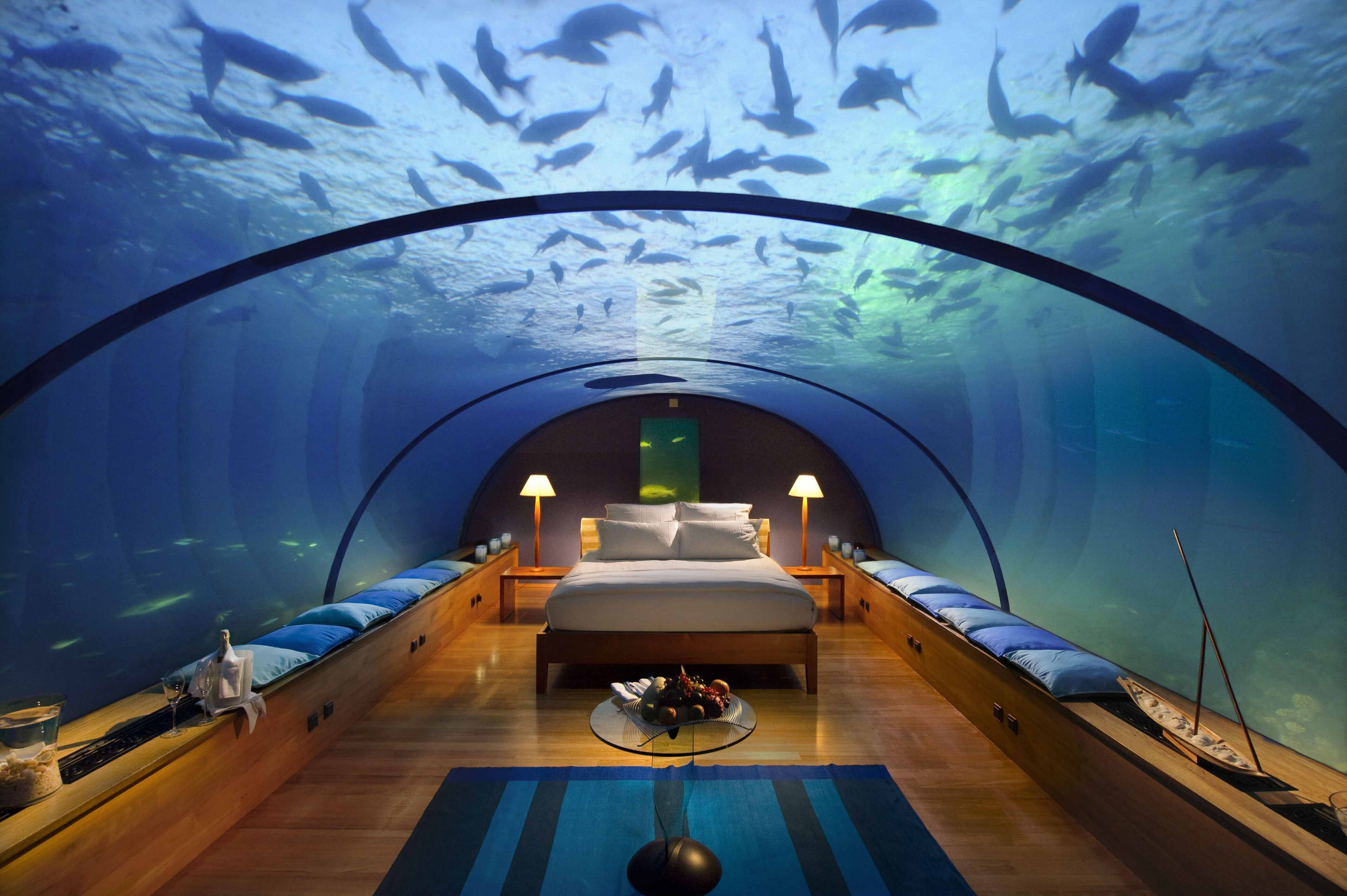 relaxation, modern, water, nautical vessel, indoors, blue, domestic Room, nature, underwater hotel, maldives, glass - material, night, transparent, light - Natural Phenomenon, HD Wallpaper