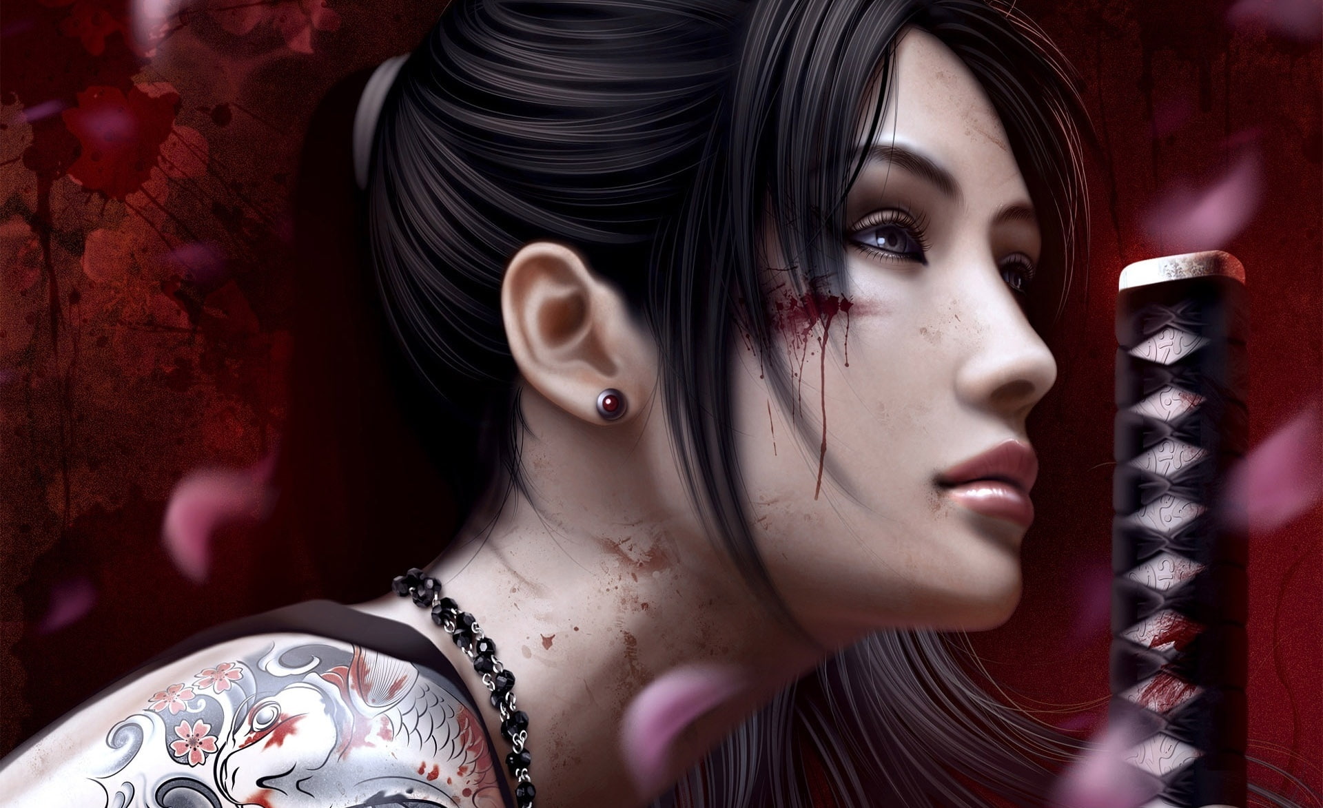 art, women, vector, studio shot, jewelry, hairstyle, tattoo, Artistic, fantasy girl, young women, human body part, human face, adult, woman, katana, make-up, HD Wallpaper