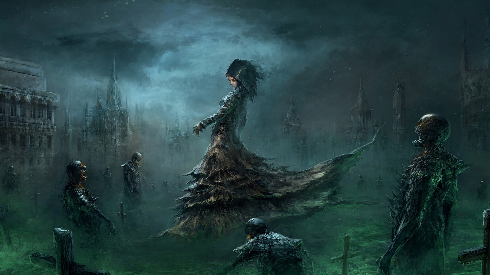 art and craft, day, 1080P, death, building, spirituality, built structure, zombies, nature, no people, dark, human representation, architecture, smoke - physical structure, HD Wallpaper