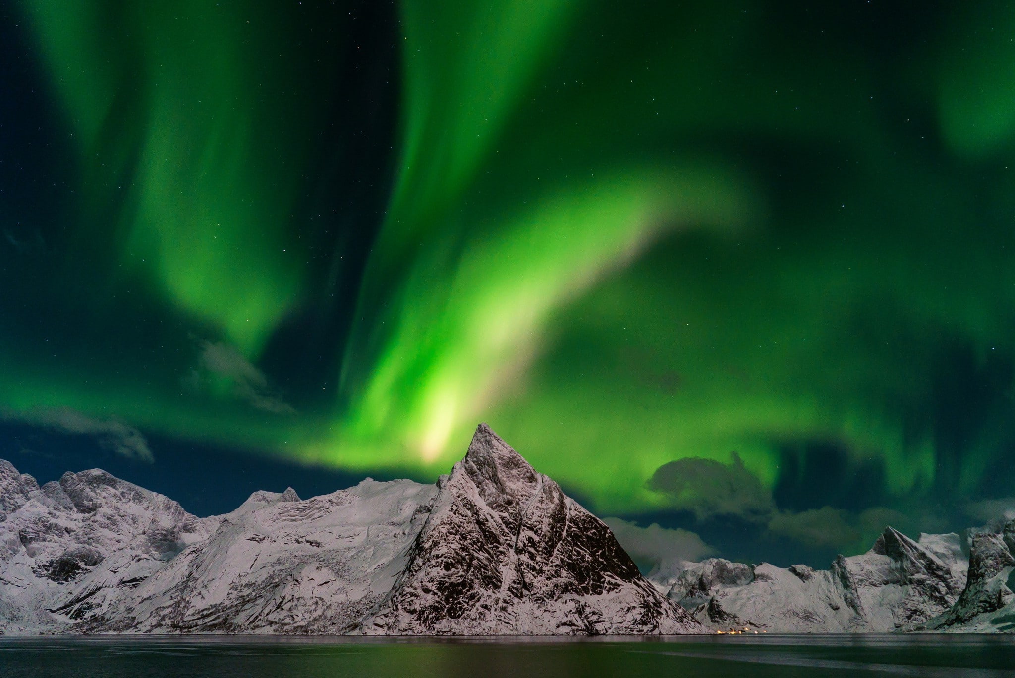 mountain, cold temperature, scenics - nature, nature, environment, beauty in nature, arctic, astronomy, idyllic, winter, Norway, ice, sky, green color, HD Wallpaper