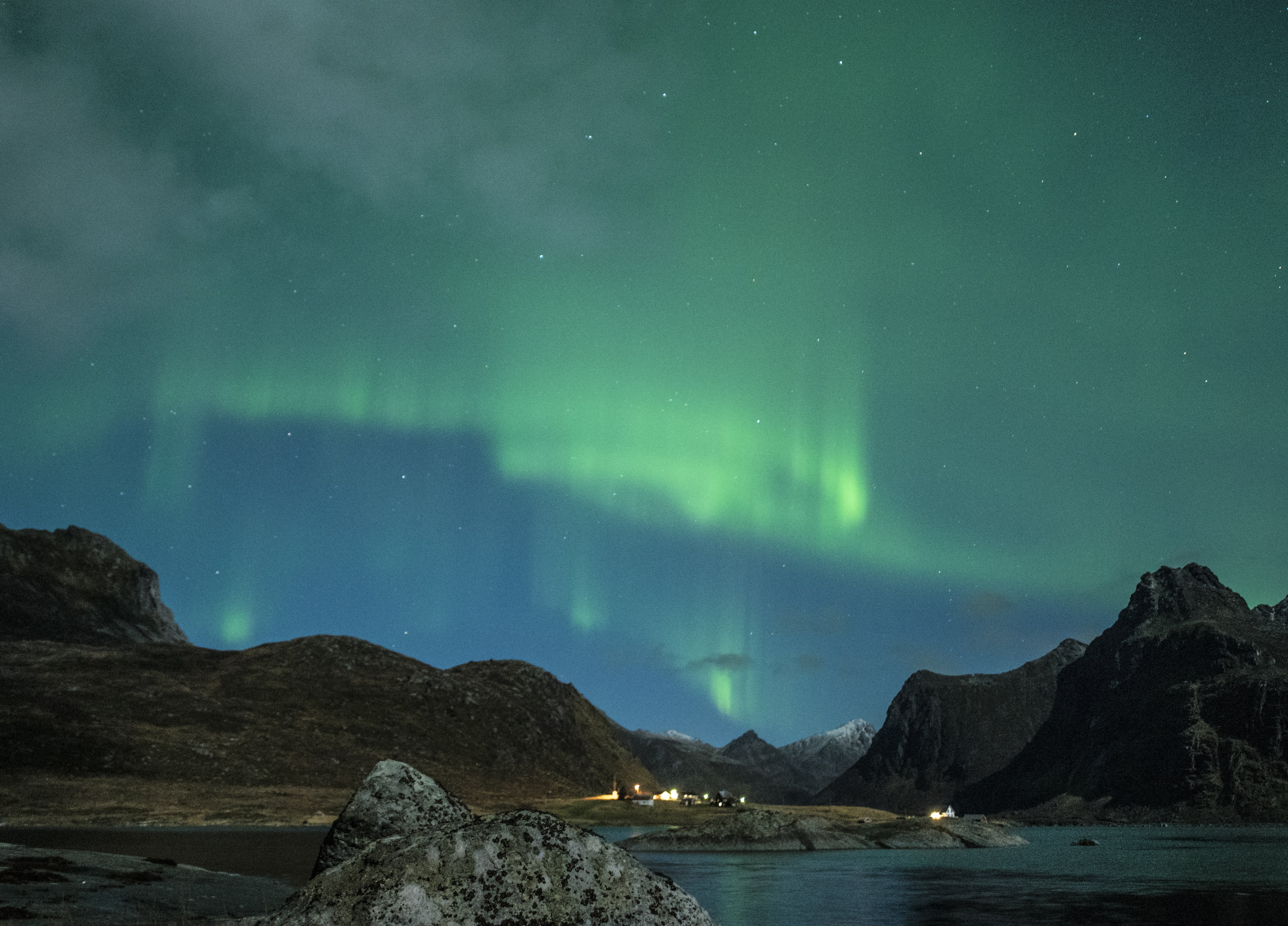 sky, green, no people, environment, dramatic sky, water, norway, green color, cloud - sky, night, luminosity, lofoten, mountain, nature, landscape, beauty in nature, HD Wallpaper