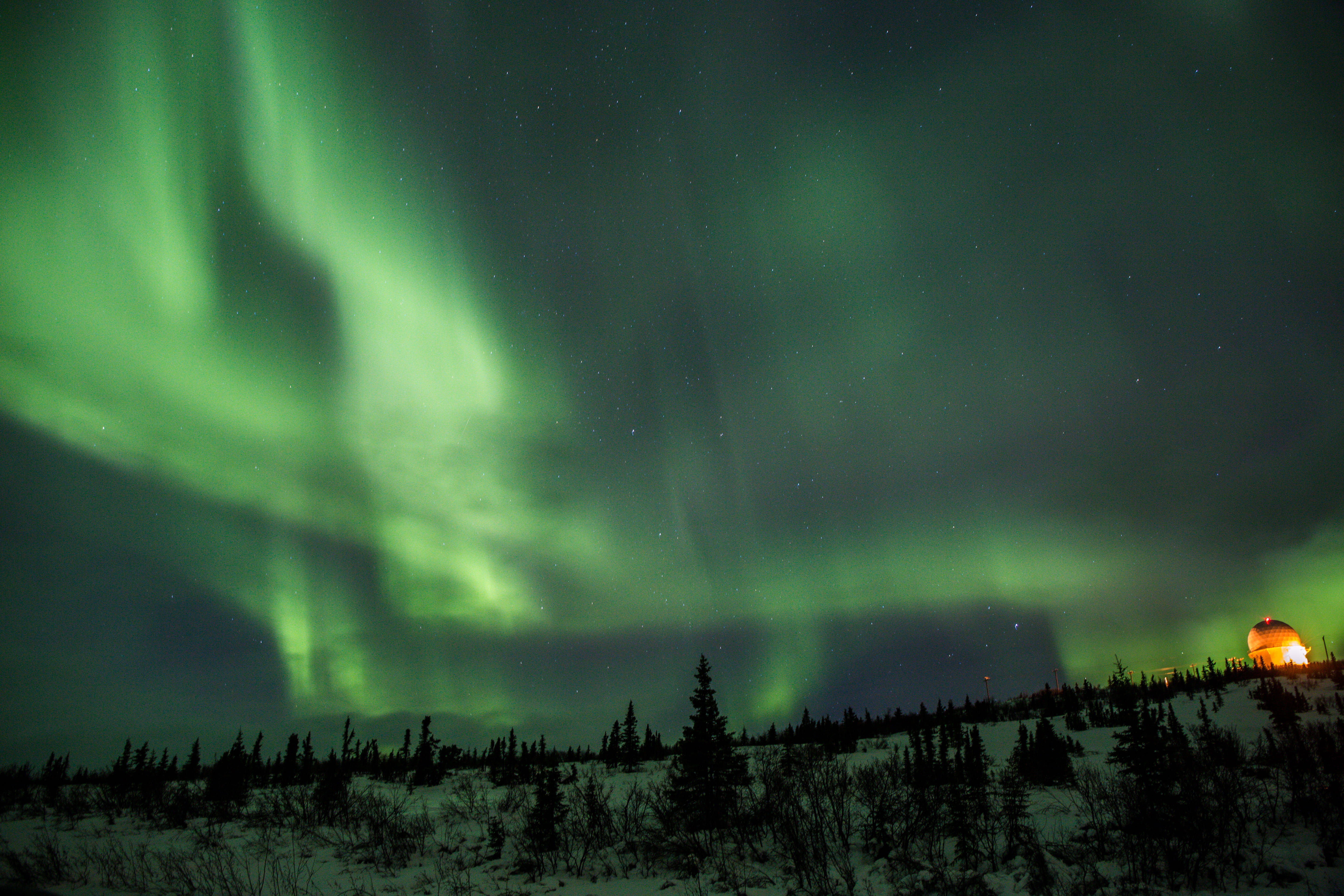 power in nature, tranquility, environment, night, no people, space, sky, tree, winter, nature, dramatic sky, green color, natural phenomenon, forest, astronomy, HD Wallpaper