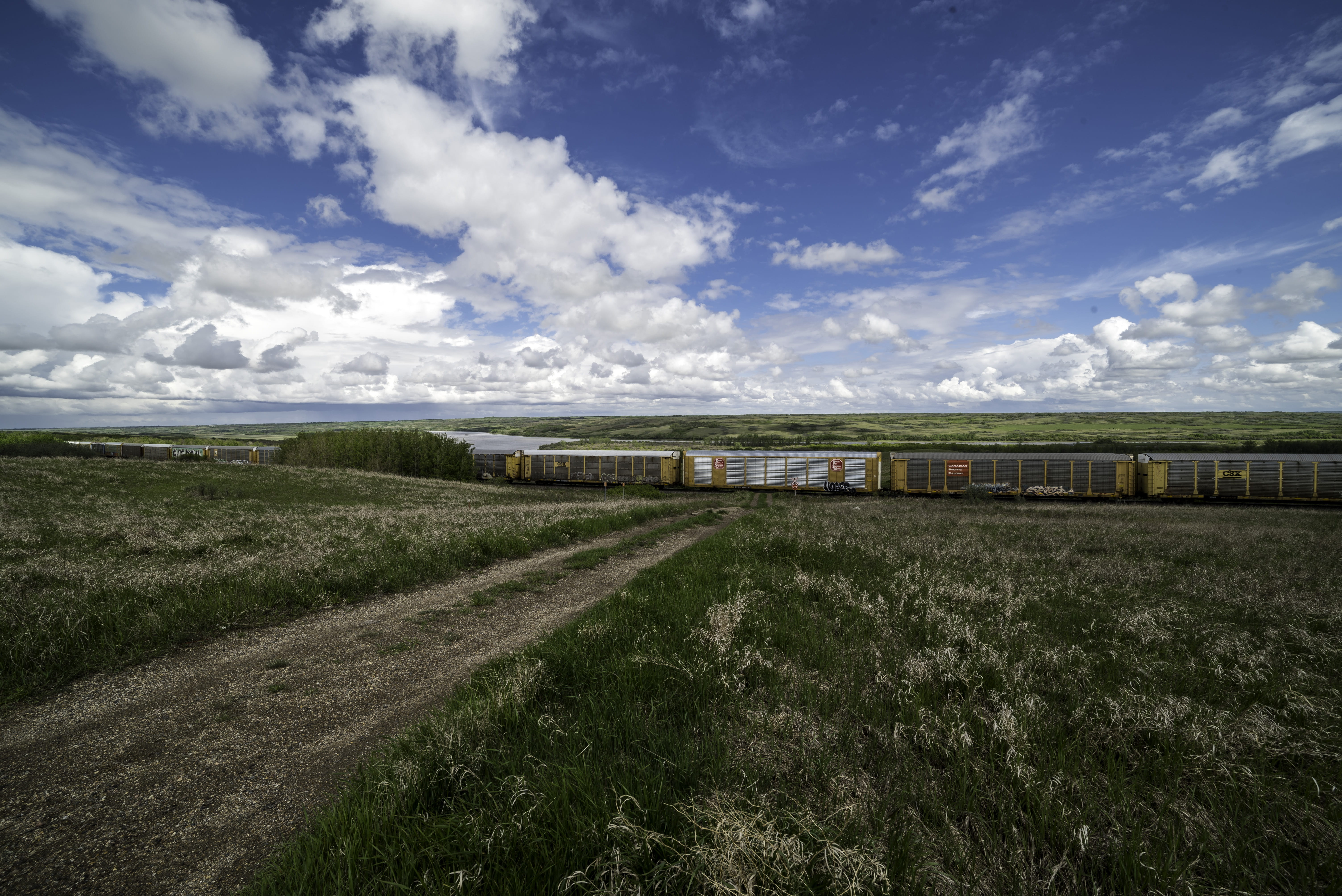 non-Urban Scene, farm, locomotive, plant, saskacehwan, 5K, blue, transportation, Train, no People, scenic, sky, architecture, nature, agriculture, rural Scene, HD Wallpaper
