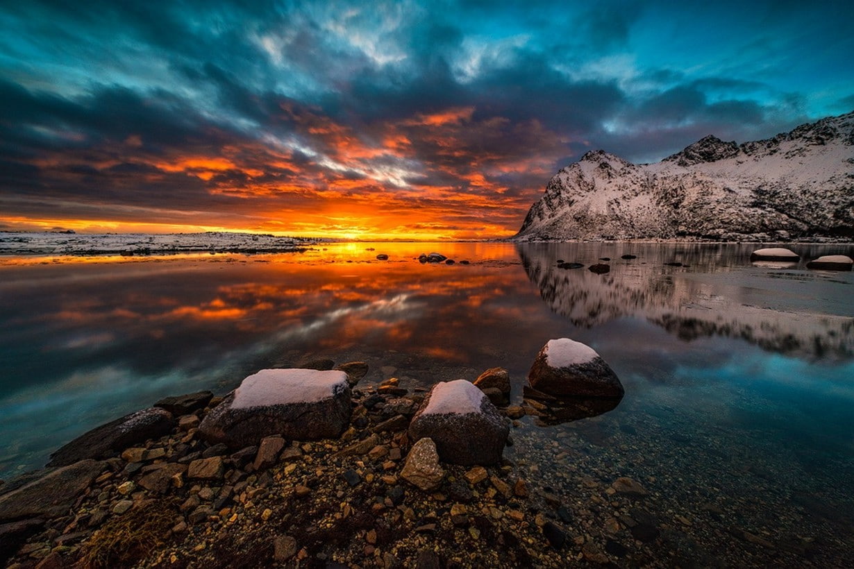 rock, sun, cloud - sky, sunset, reflection, nature, sky, lagoon, water, rock - object, travel destinations, nature photography landscape winter sunset coast sea mountains snow sky clouds sunlight lofoten islands norway, HD Wallpaper