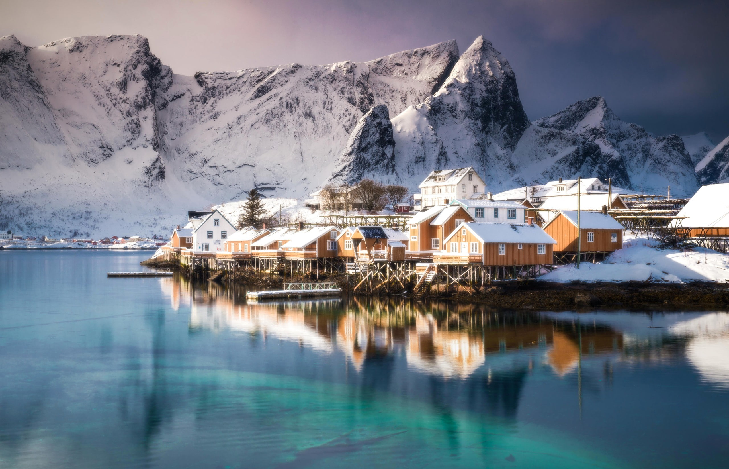 2K, snow, reflection, nature, Lofoten, Norway, landscape, winter, HD Wallpaper
