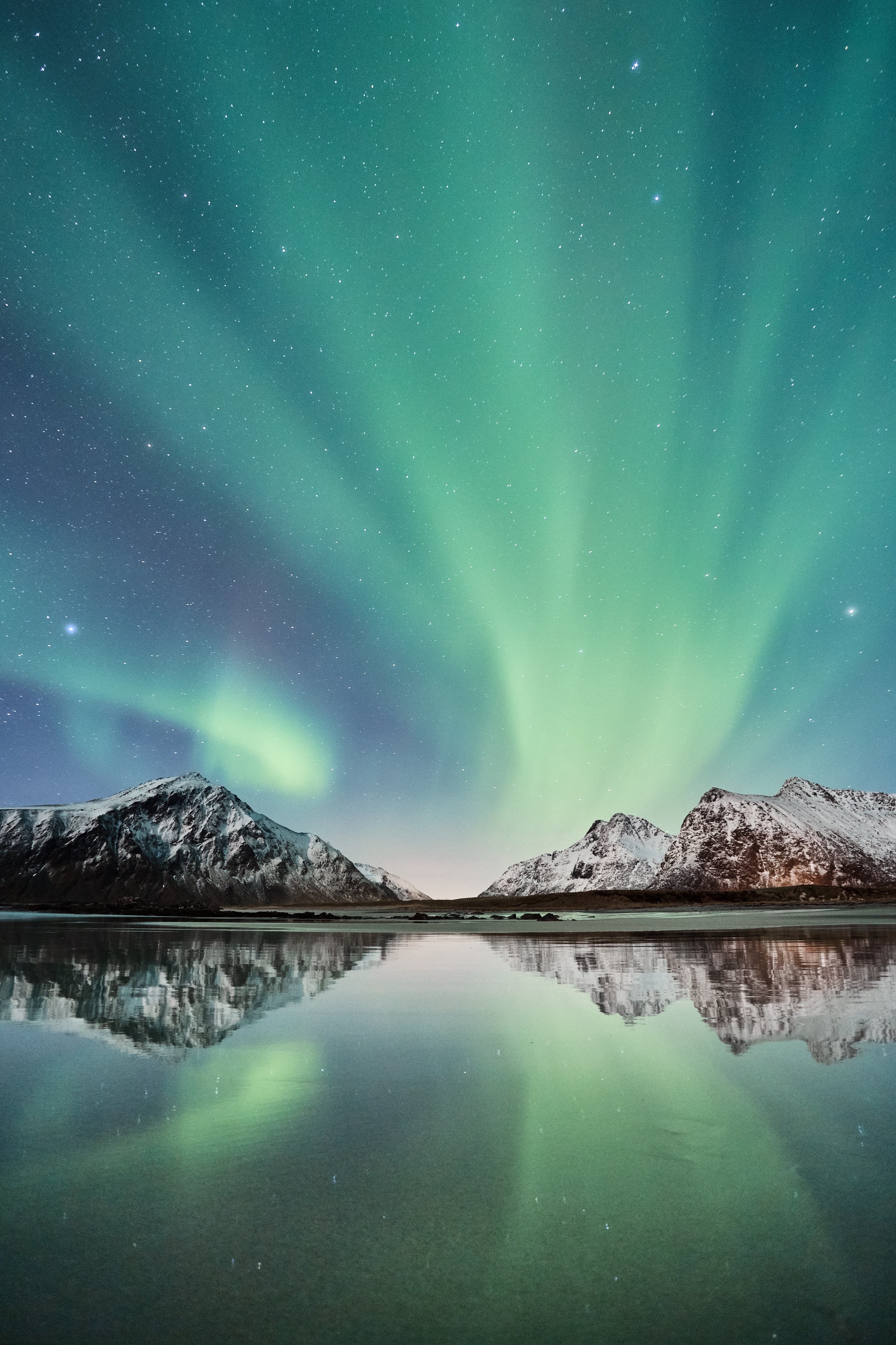 mountain, aurora polaris, cold temperature, tranquil scene, lake, northern lights, winter, green color, sky, night, landscape, mountains, scenics - nature, Phone HD Wallpaper