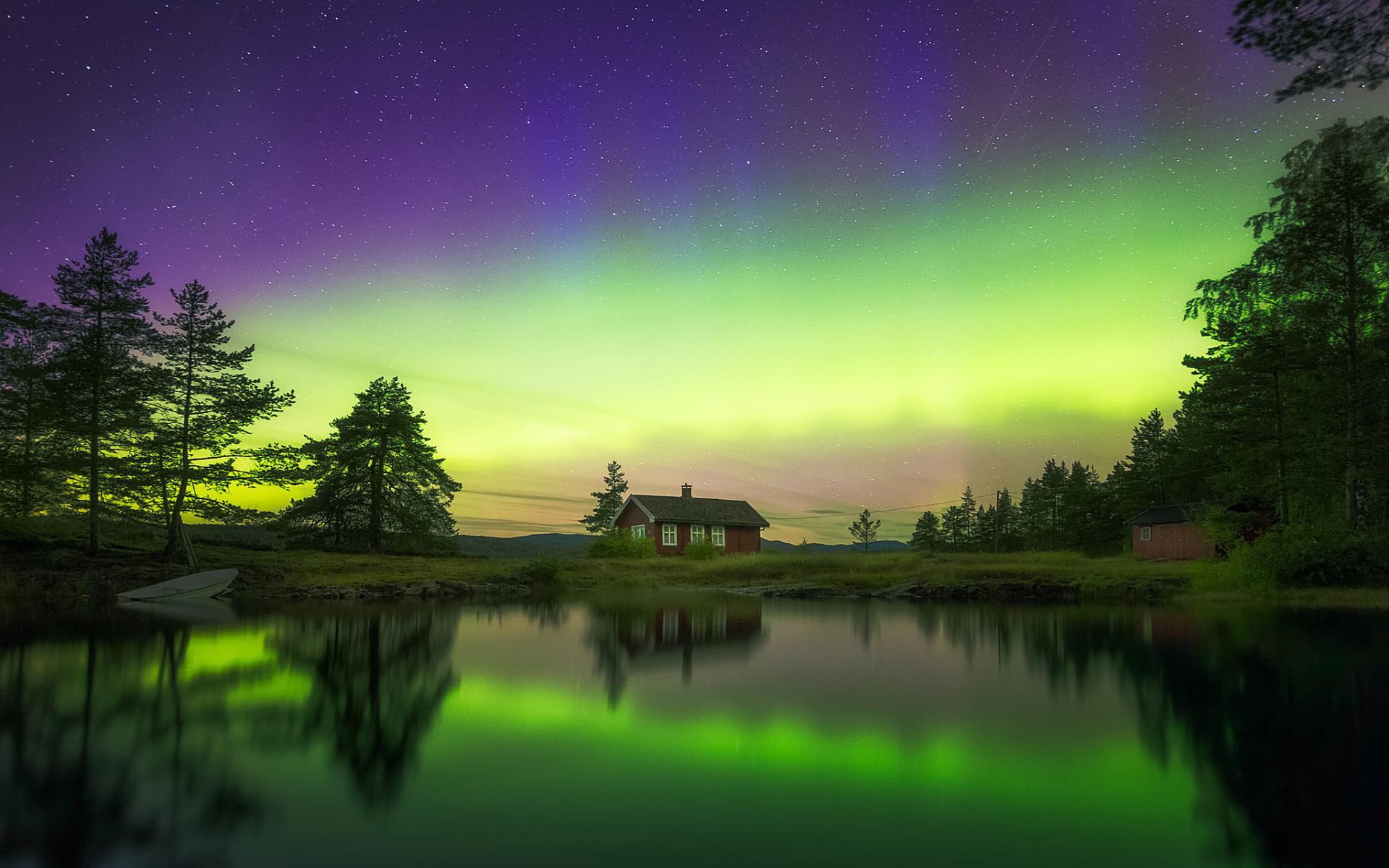 reflected, aurora, 1080P, windows, lake, northern, lights, norway, HD Wallpaper
