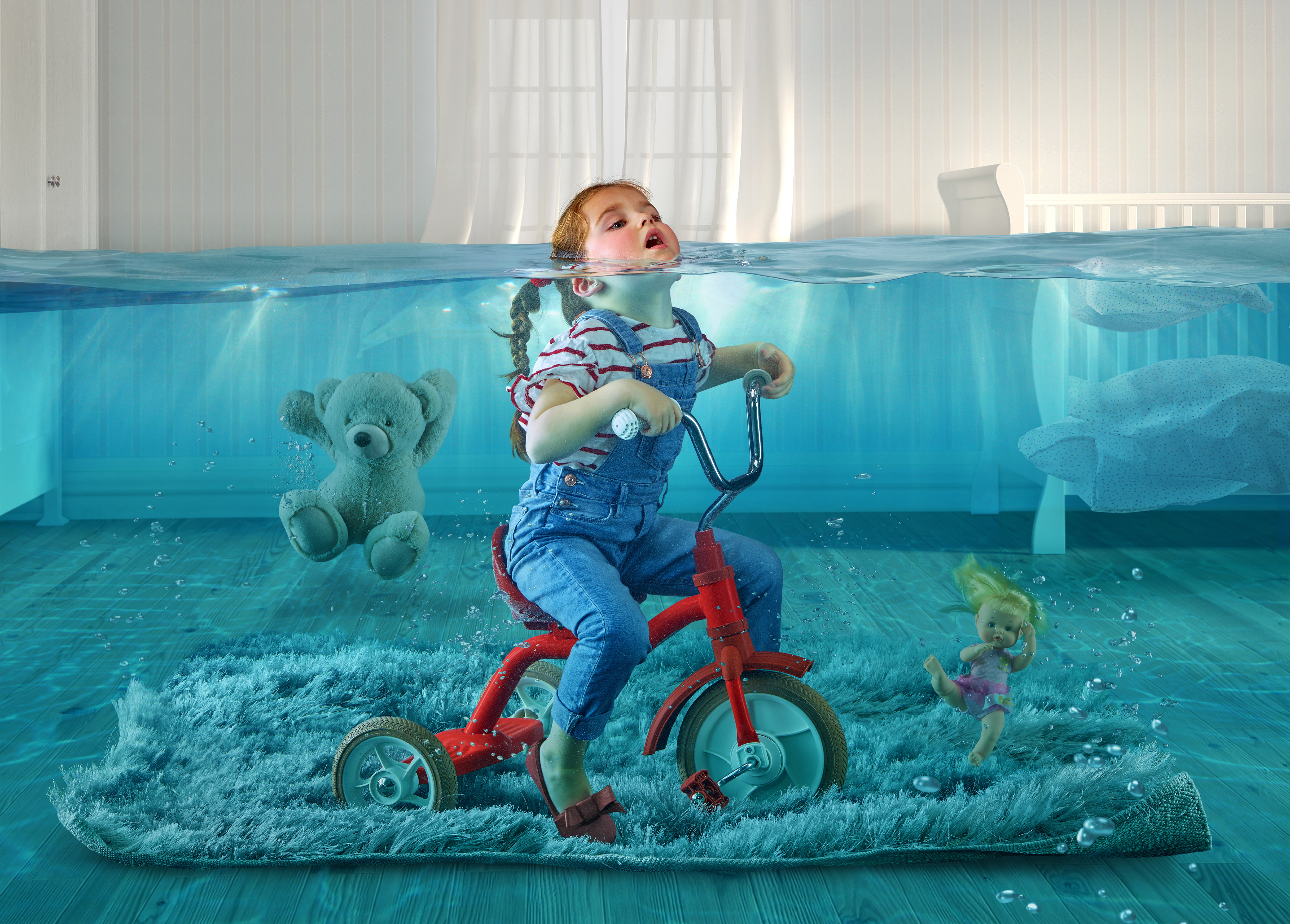 4K, Cute girl, 4K, Underwater, Teddy bear, Submerged, Toddler, Dream, HD Wallpaper