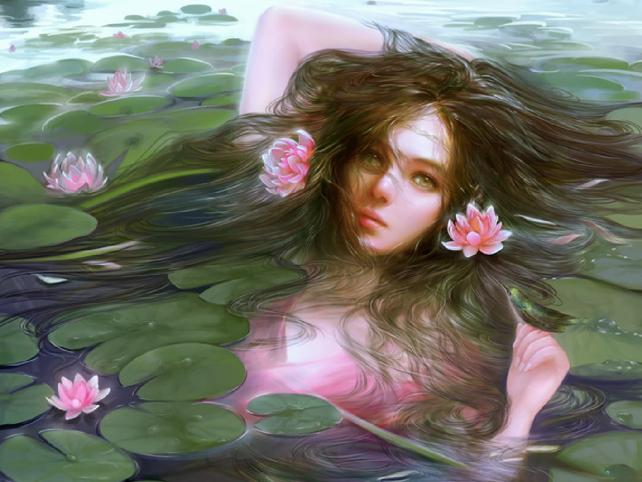 flowers, head, pink, illustration, body, water, sticking, pads, woman, 720P, artistic, lotus, lily, women, submerged, near, hd, HD Wallpaper
