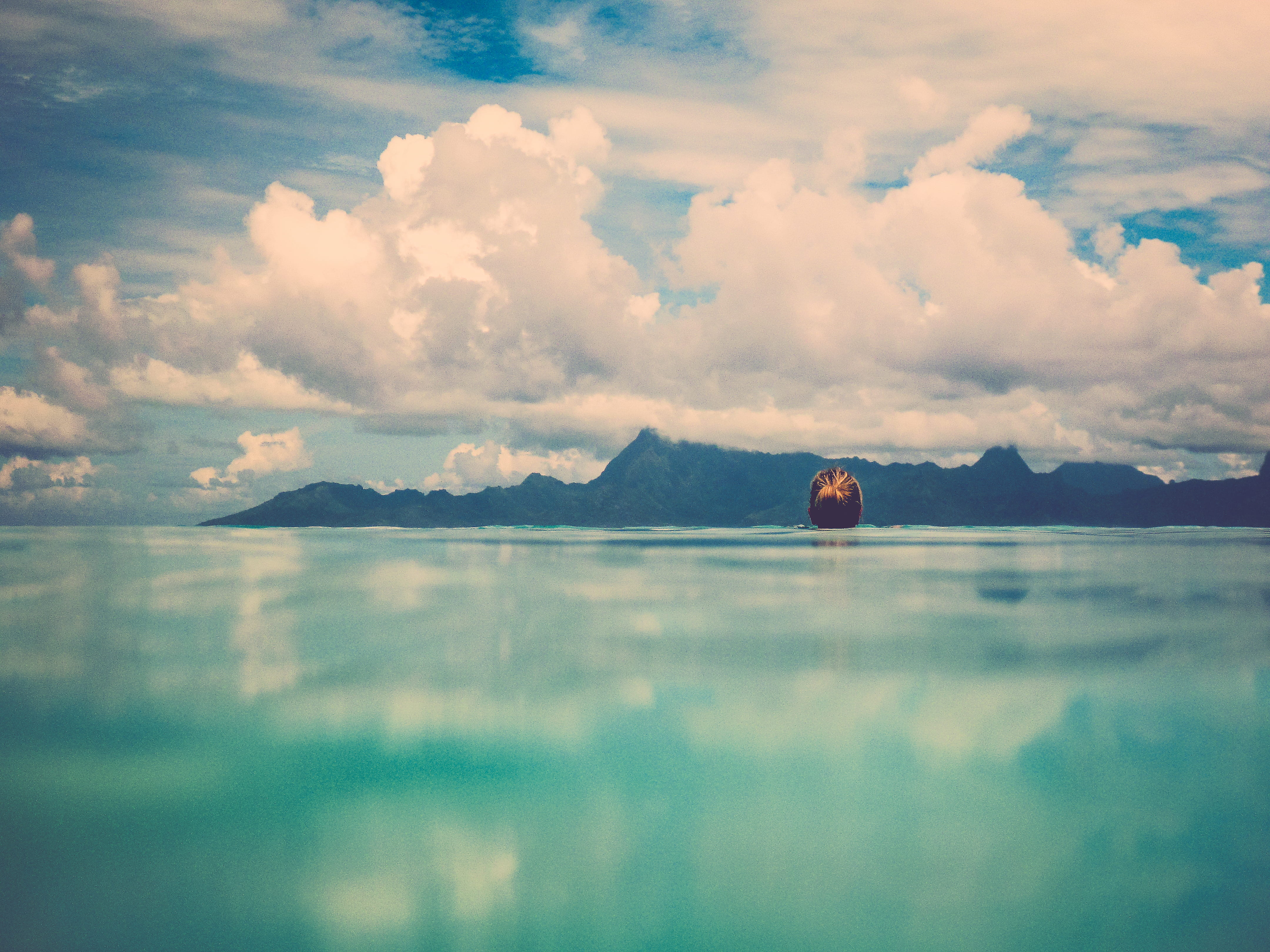 cloud - sky, sea, submerge, tranquility, relax, outdoors, aqua, blue, sky, waterfront, swimming pool, 4K, scenics - nature, reflection, day, view, tropical, HD Wallpaper