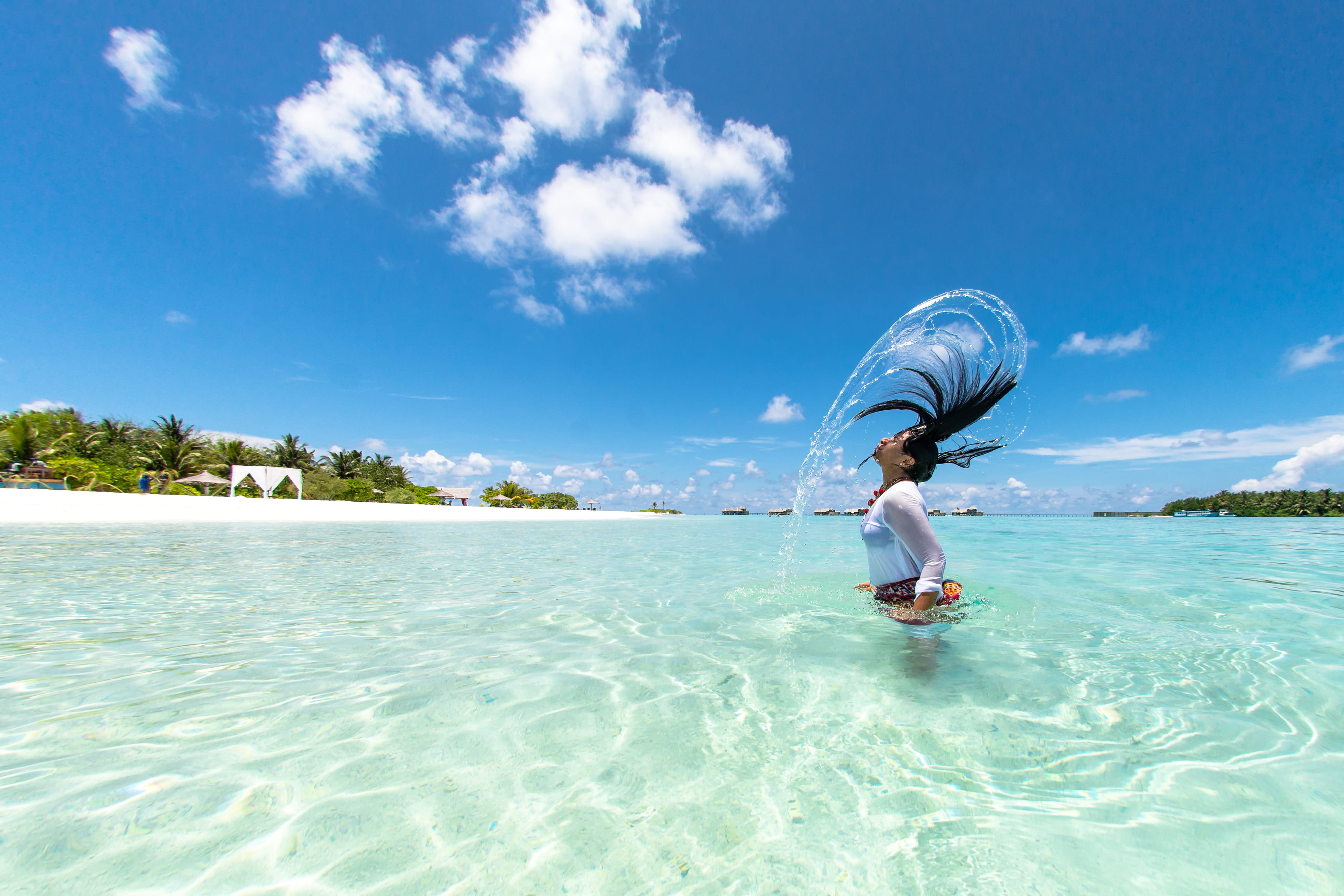 waterfront, leisure activity, hair flip, swimming, day, submerged, enjoyment, person, scenic, blue, seashore, recreation, leisure, turquoise, hairstyle, HD Wallpaper