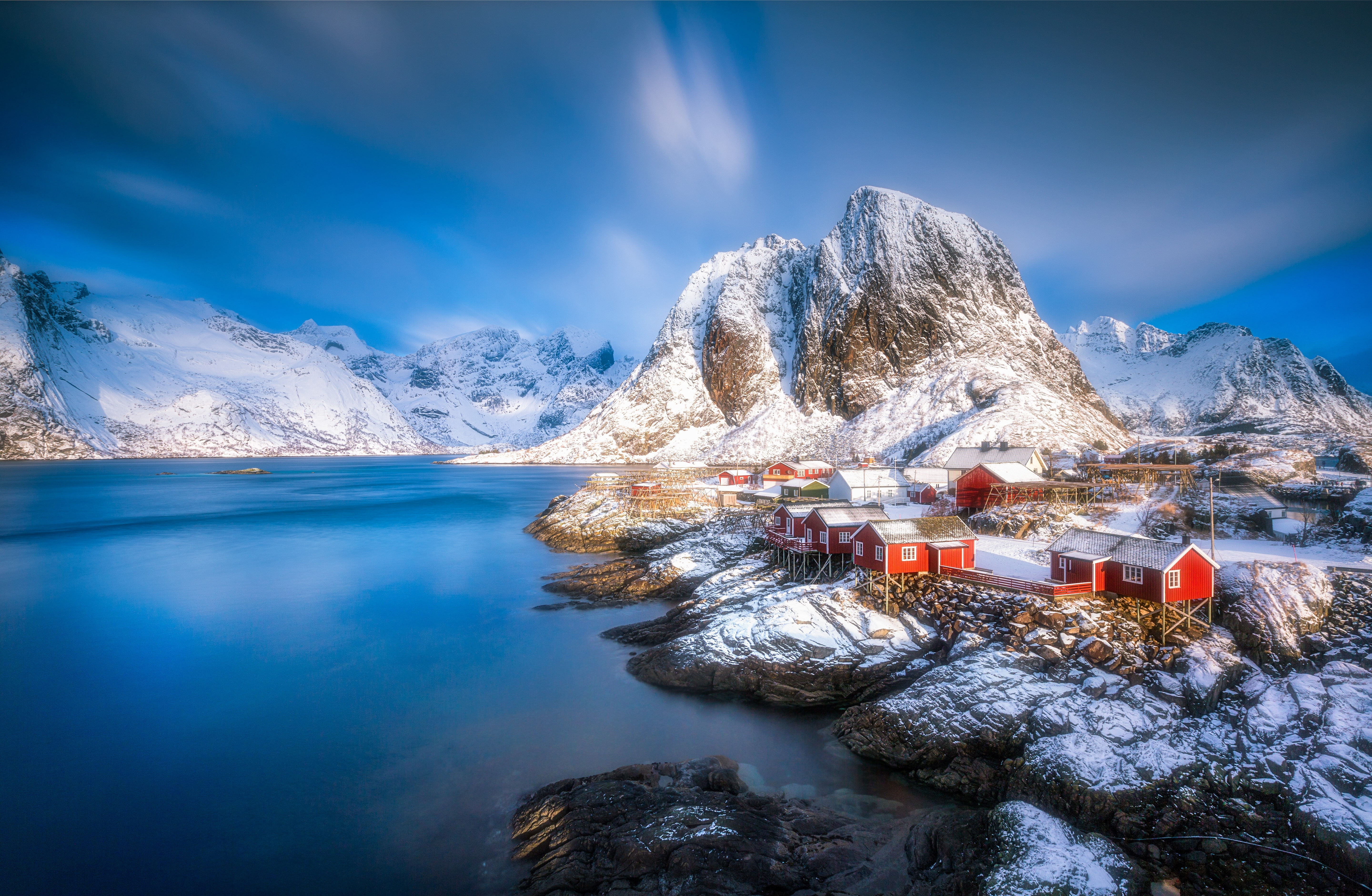 Hamnoy, body, water, mountains, Norway, Lofoten, the fjord, 5K, village, Hamnøy, winter, houses, HD Wallpaper